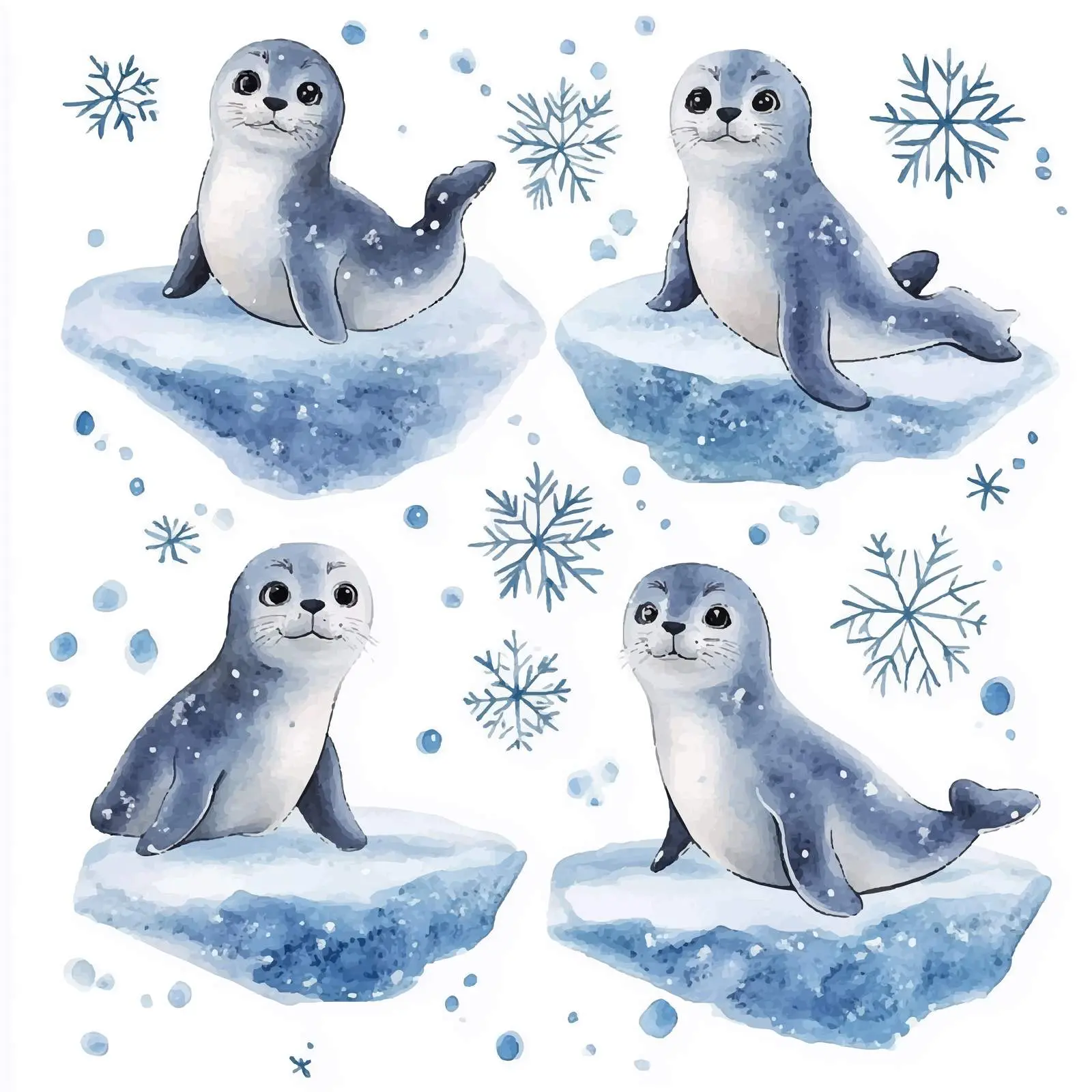 Cute Seals on Ice Floes with Snowflakes – free arctic image from Dotvec