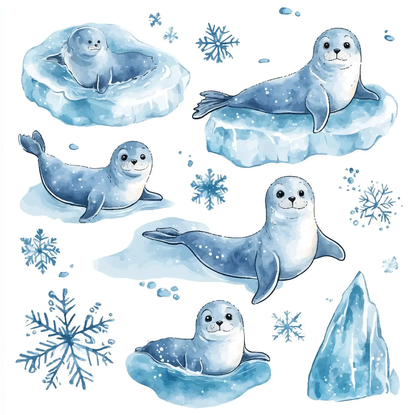 Cute Seals on Ice Floes with Snowflakes – free arctic image from Dotvec