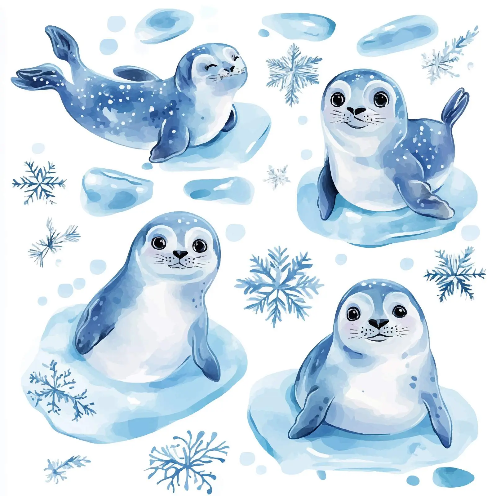 Cute Seals on Ice Floes Watercolor Clipart – free arctic image from Dotvec
