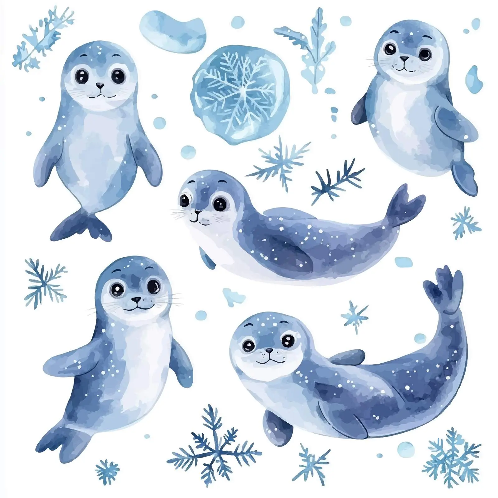 Cute Seals on Ice Floes with Snowflakes – free arctic image from Dotvec