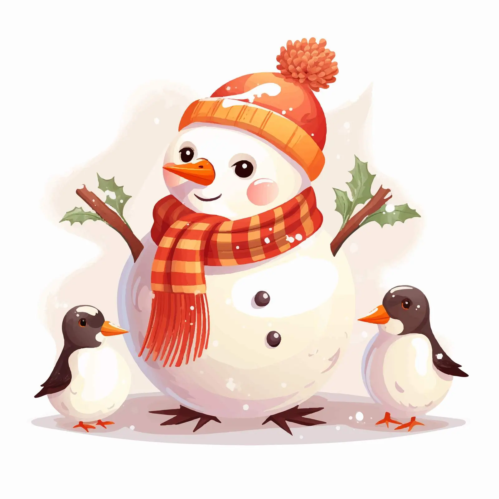 Charming Snowman with Birds on Twig Arms — free download from Dotvec