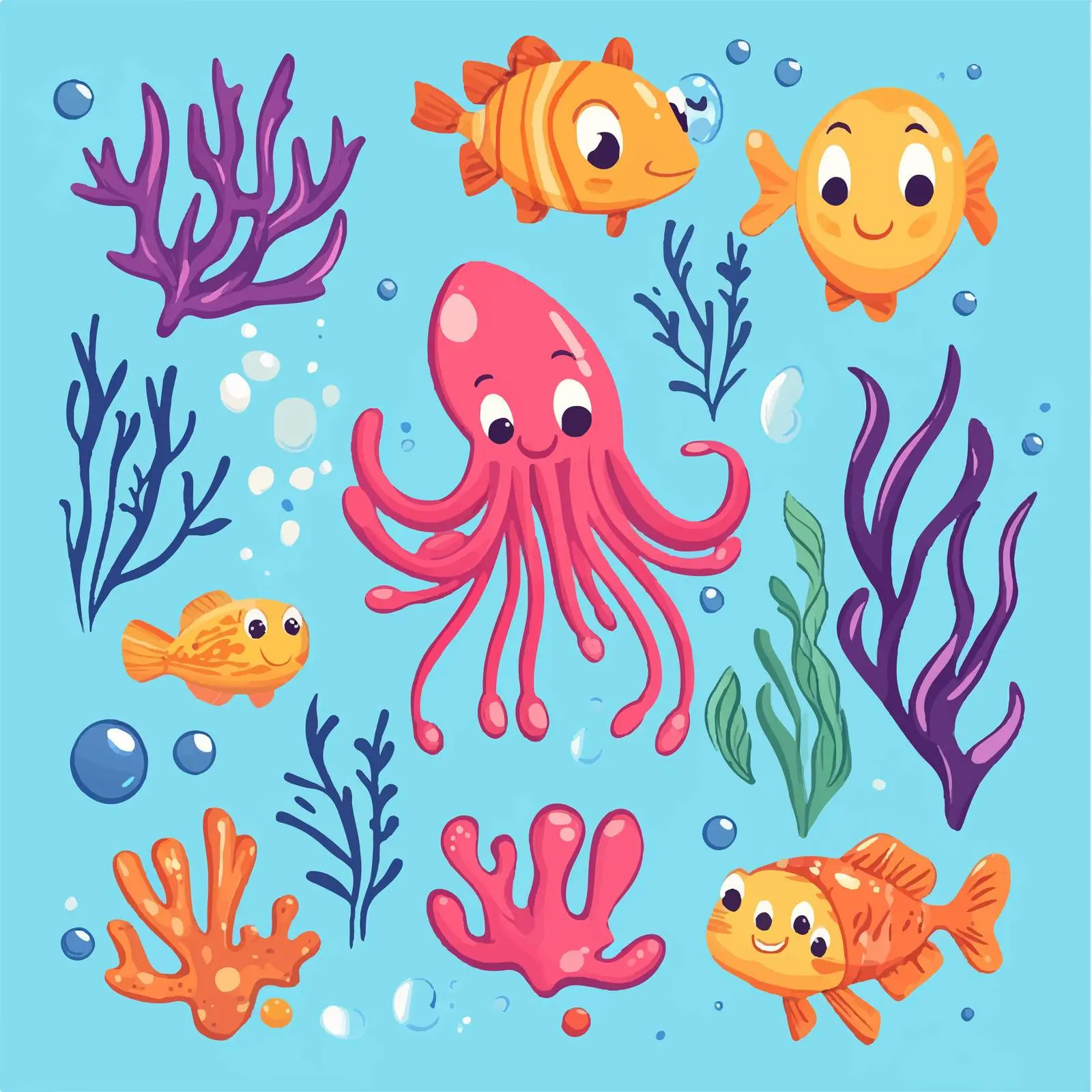 Cute Squid and Crab with Coral Vector — free download from Dotvec