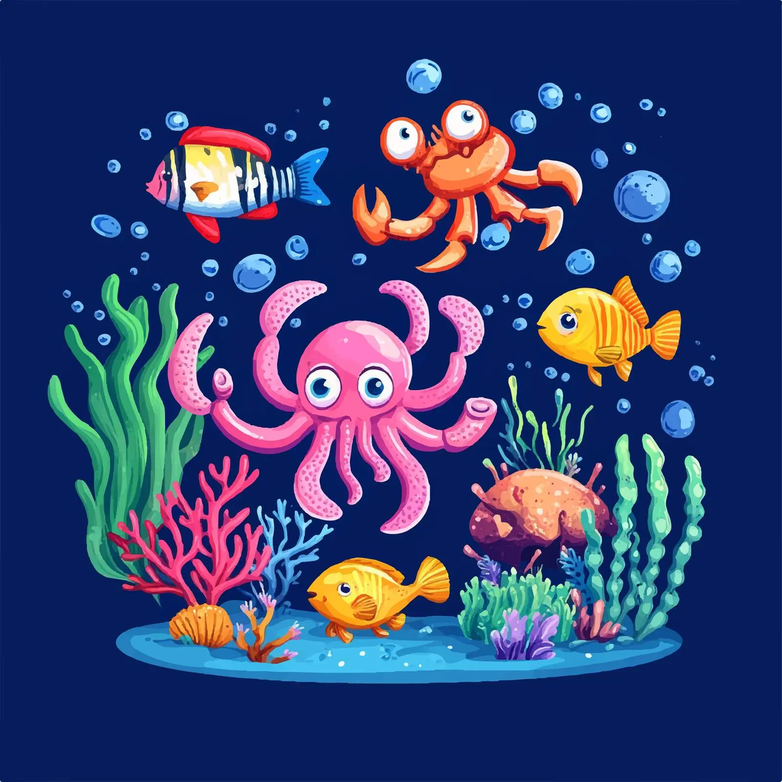 Cute Underwater Scene with Squid, Crab, and Corals — free download from Dotvec