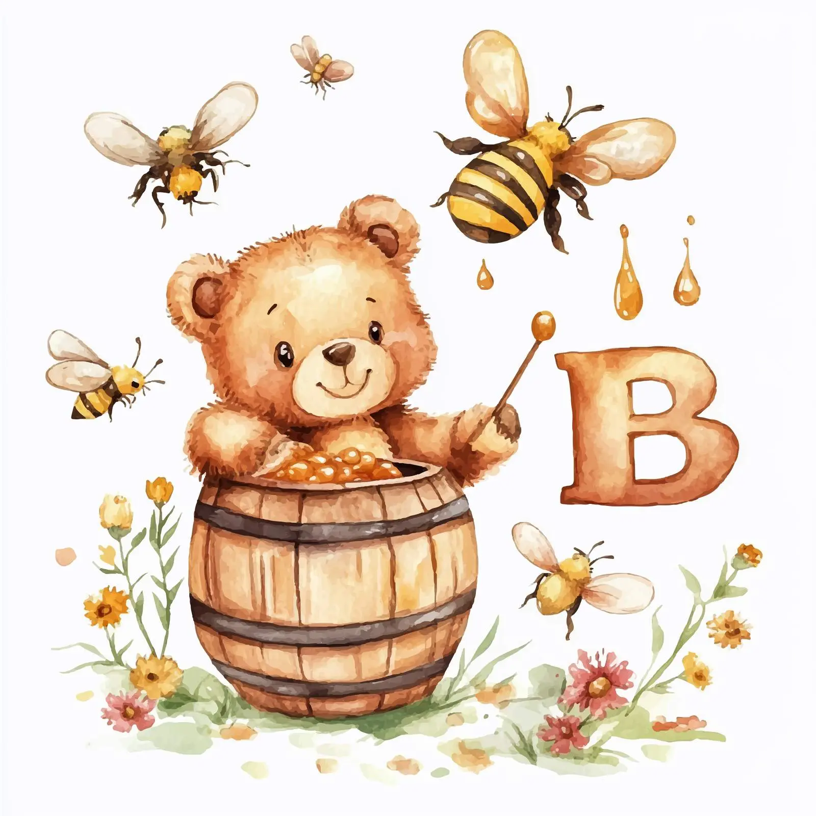 Adorable Teddy Bear with Bees and Butterflies — free download from Dotvec