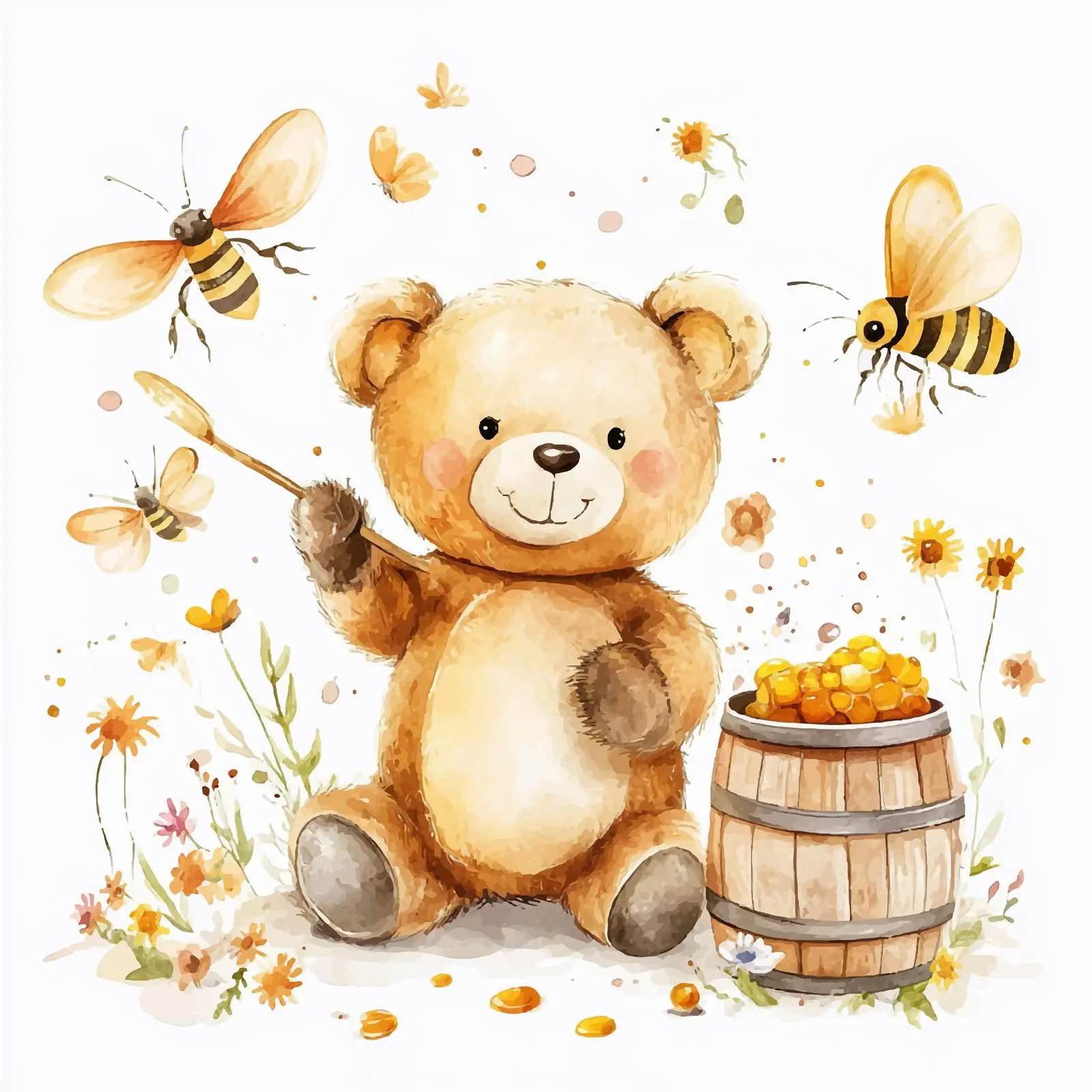 Cute Teddy Bear with Bees and Butterflies – free cartoon characters image from Dotvec