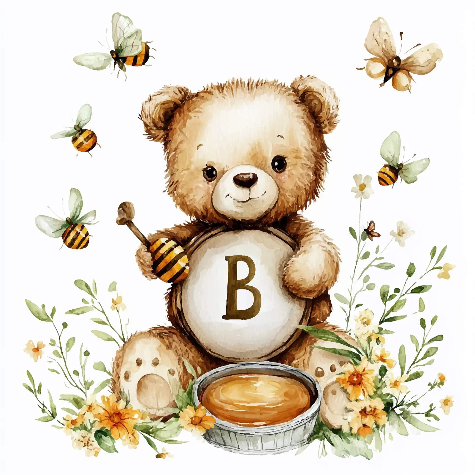 Cute Teddy Bear with Bees and Butterflies Design — free download from Dotvec