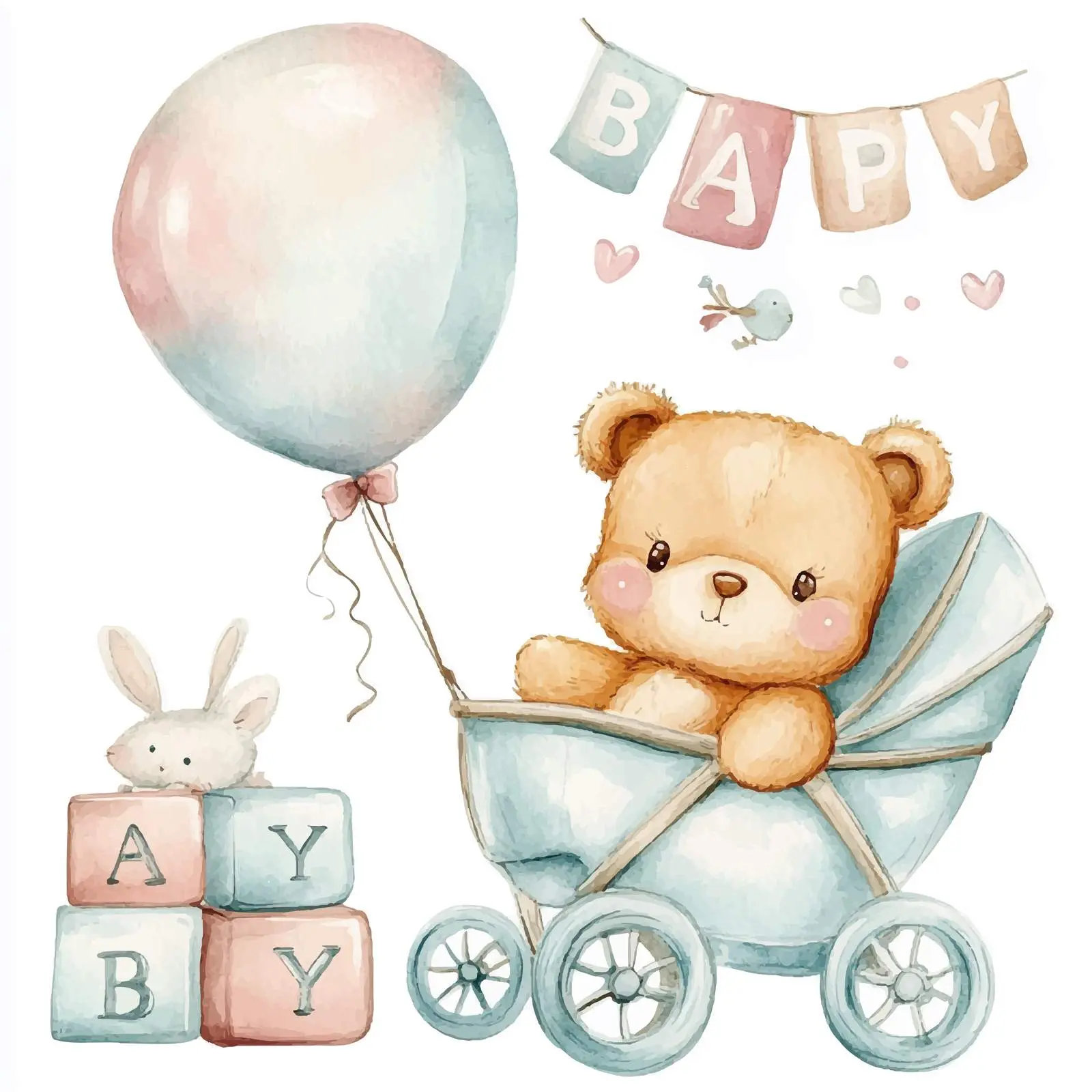 Cute Teddy Bear and Bunny in Perambulator – free cube image from Dotvec