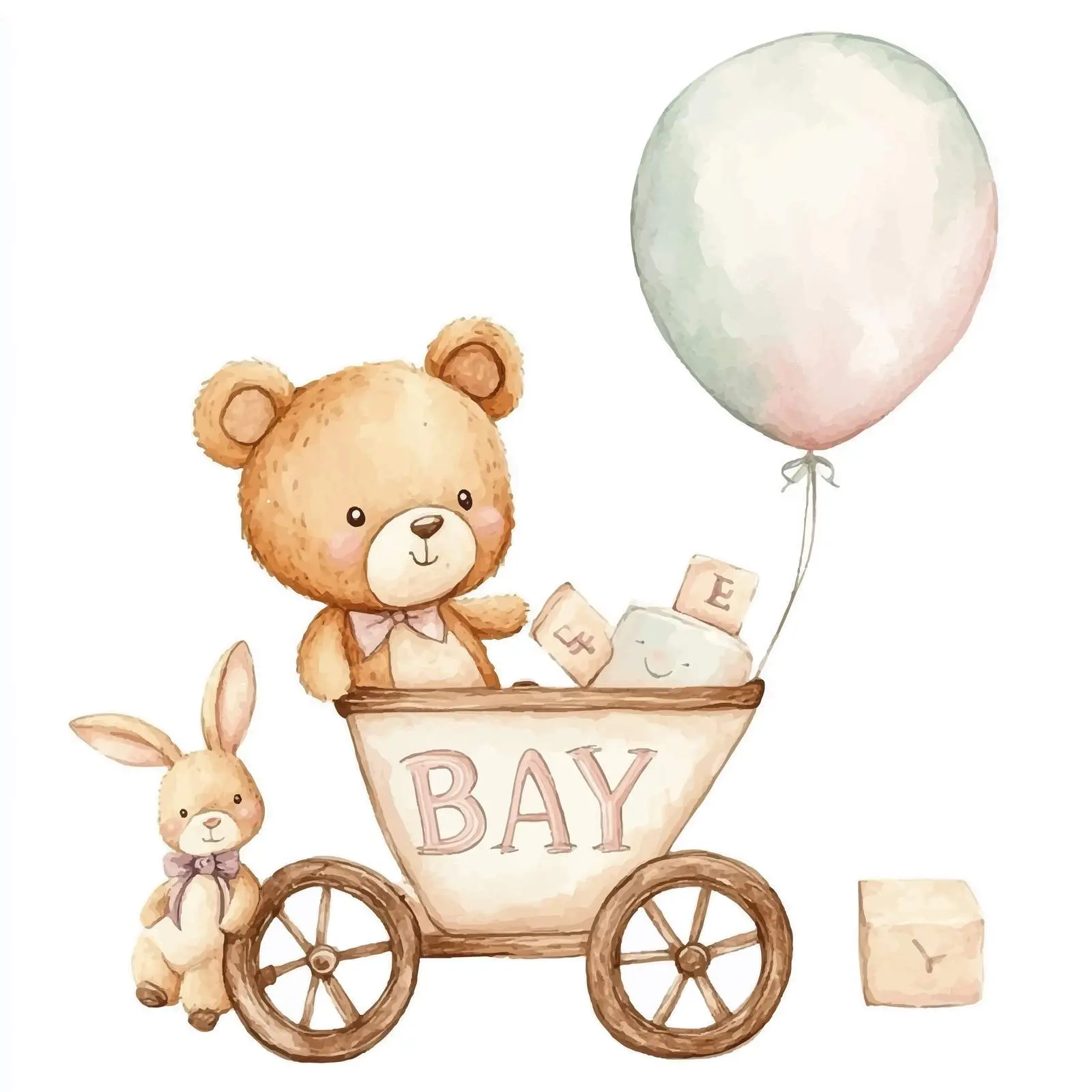 Adorable Teddy Bear and Bunny in Perambulator — free download from Dotvec
