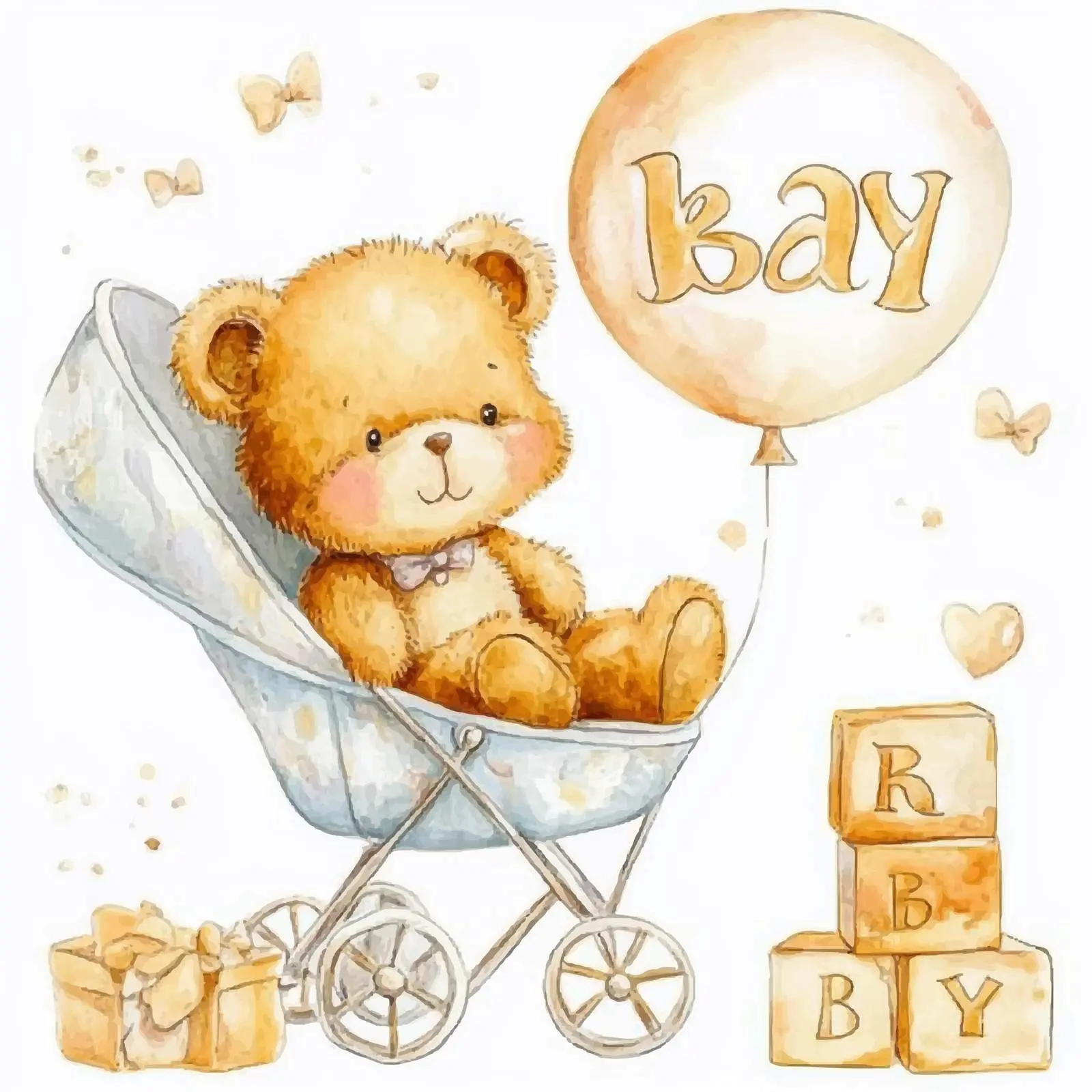 Cute Teddy Bear and Bunny in Perambulator – free cube image from Dotvec