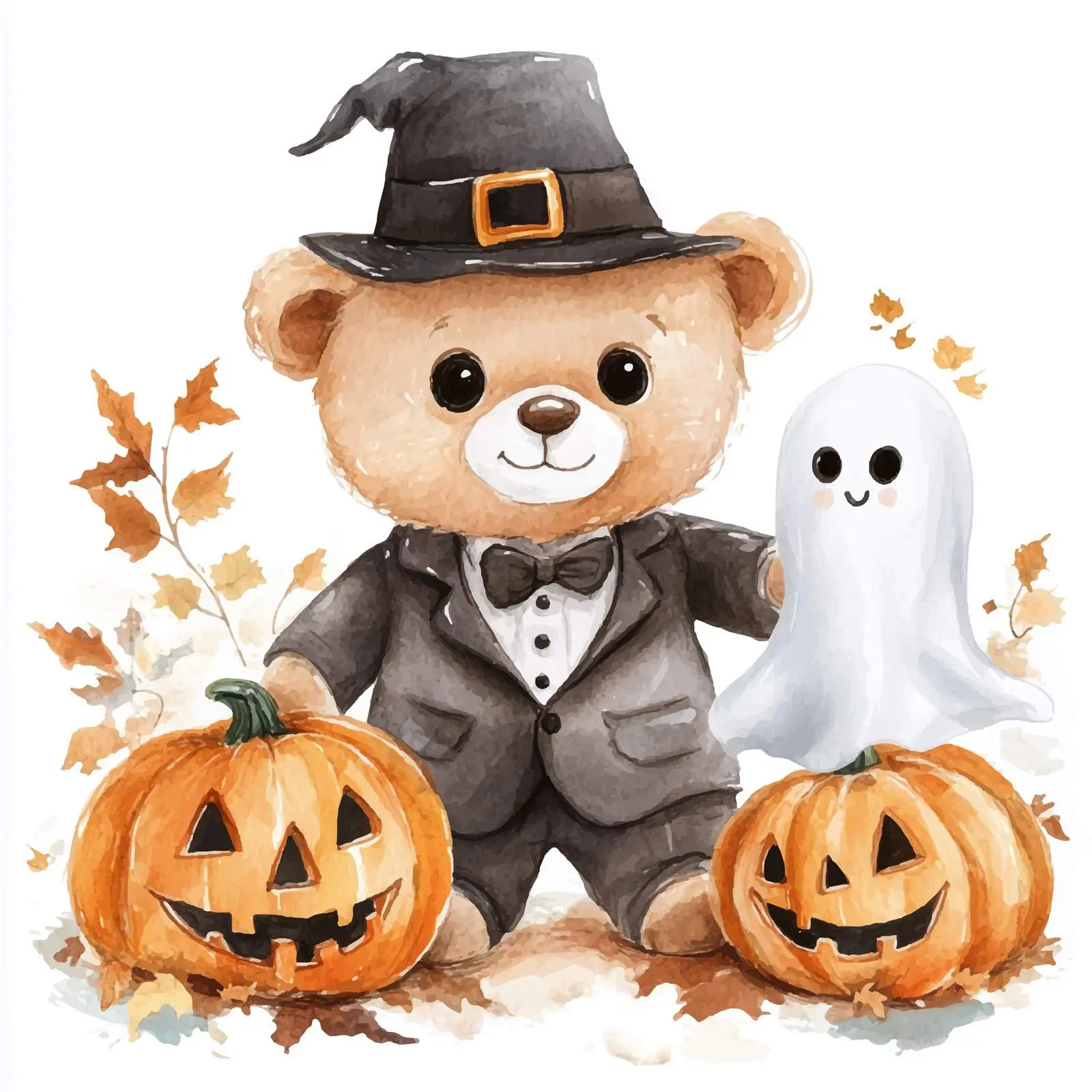 Cute Teddy Bear in Suit with Ghost and Pumpkins – free ghost image from Dotvec