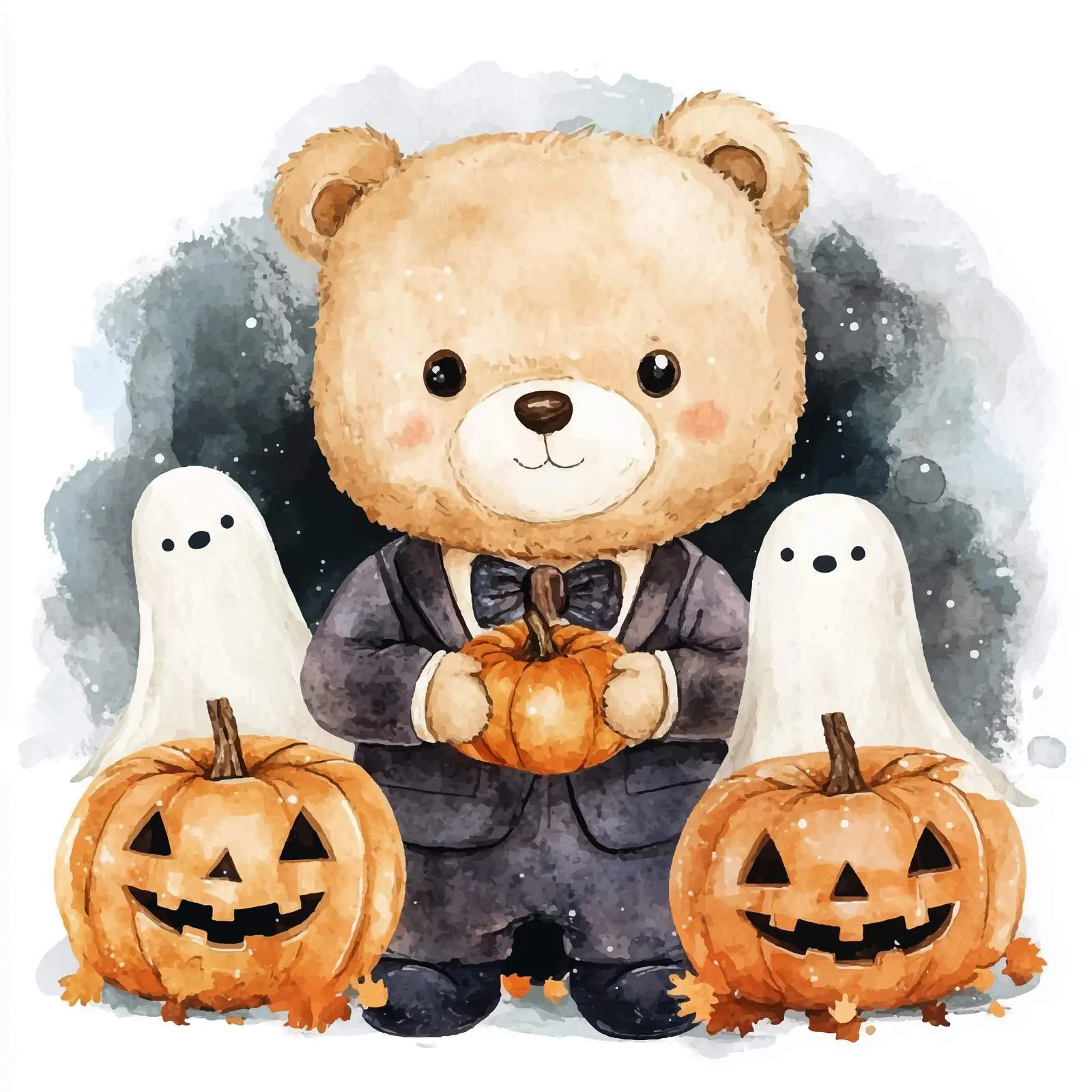 Cute Teddy Bear in Suit with Ghost Pumpkins — free download from Dotvec