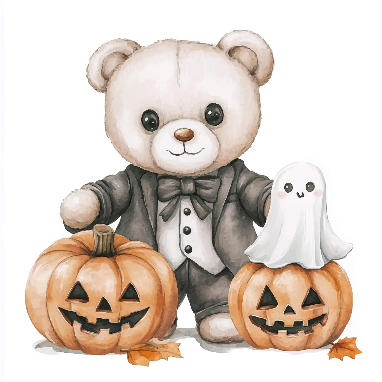Watercolor Teddy Bear in Suit with Ghosts and Pumpkins – free ghost image from Dotvec