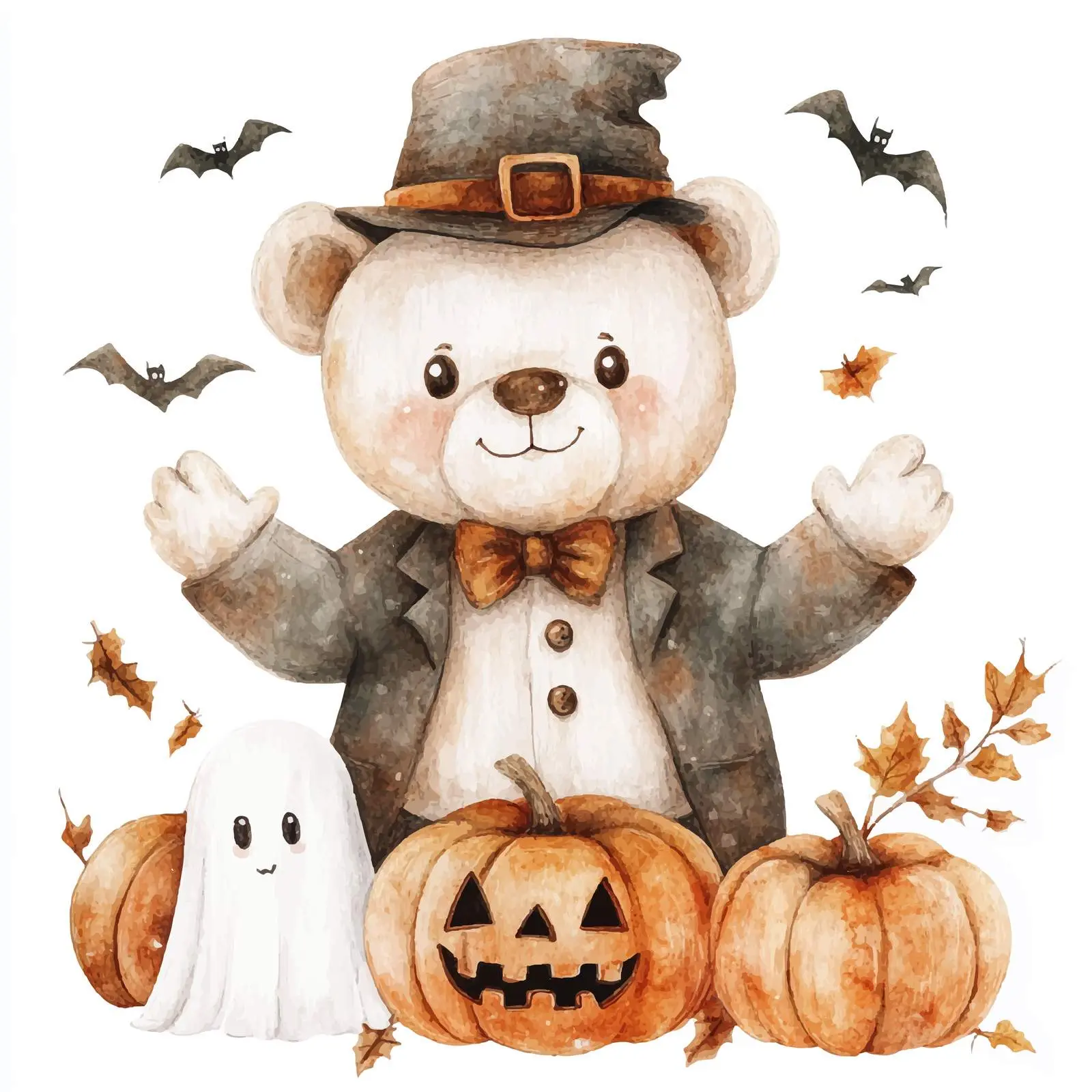 Cute Teddy Bear in Suit with Ghosts and Pumpkins – free ghost image from Dotvec