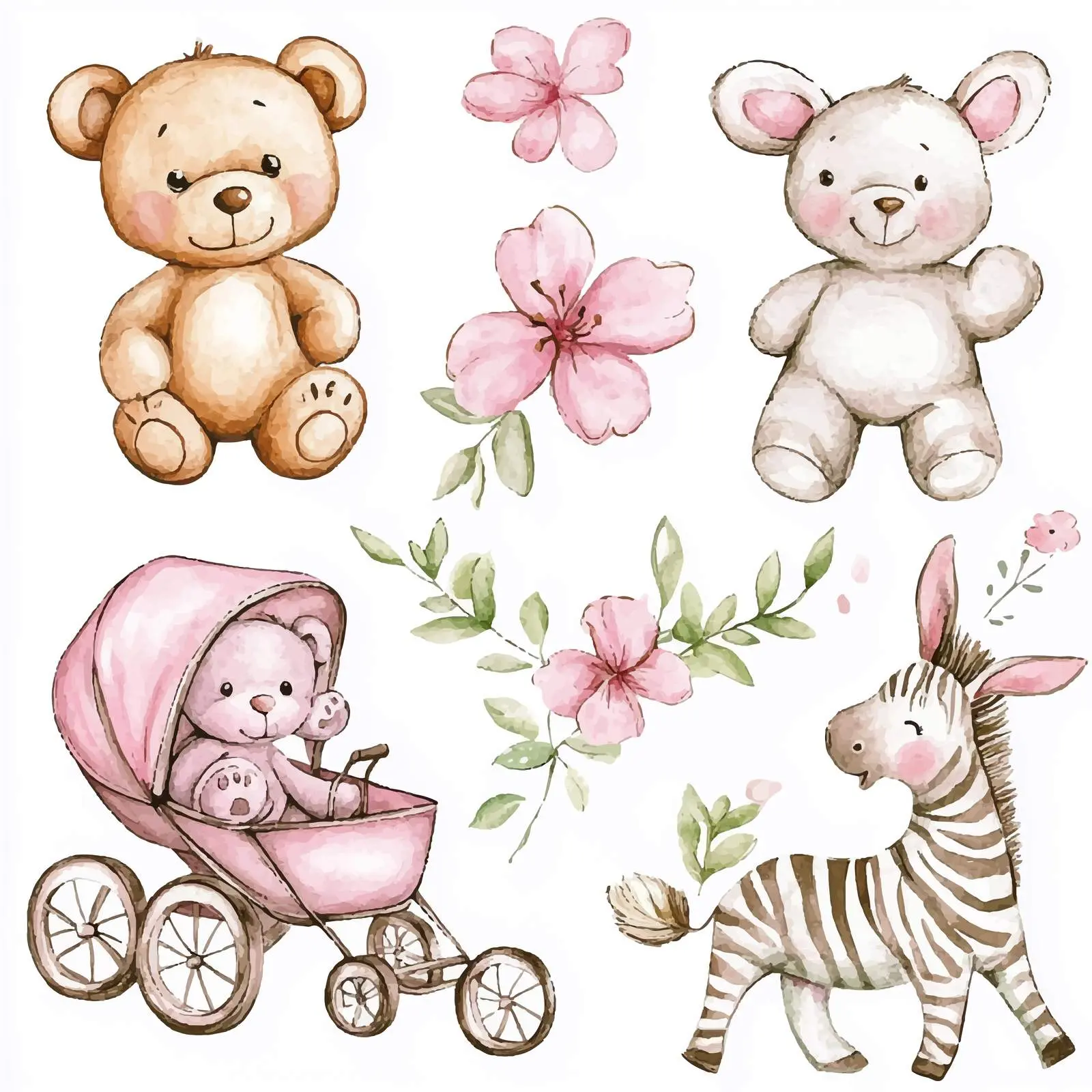 Whimsical Teddy Bears and Friends with Flowers – free zebra image from Dotvec