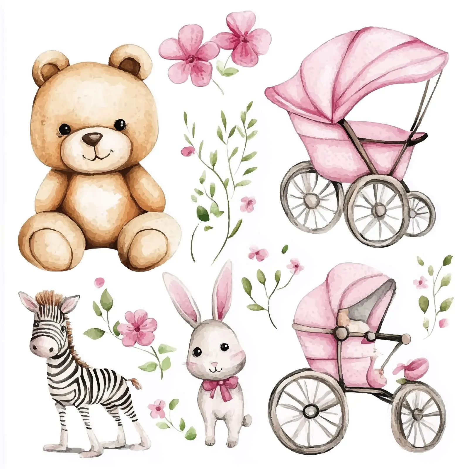 Cute Teddy Bears and Bunny with Flowers – free zebra image from Dotvec