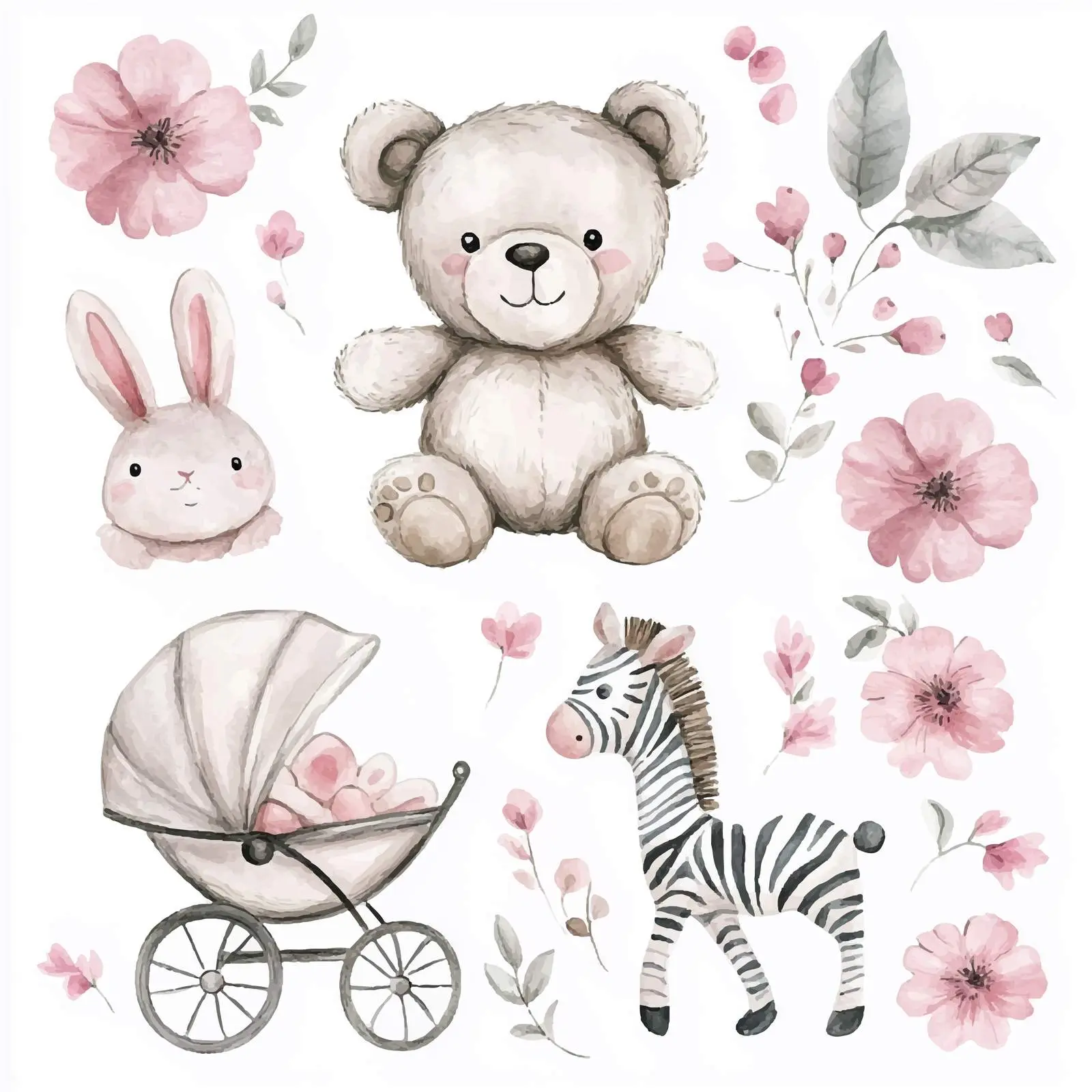 Cute Teddy Bears and Bunny Stroller Design – free zebra image from Dotvec