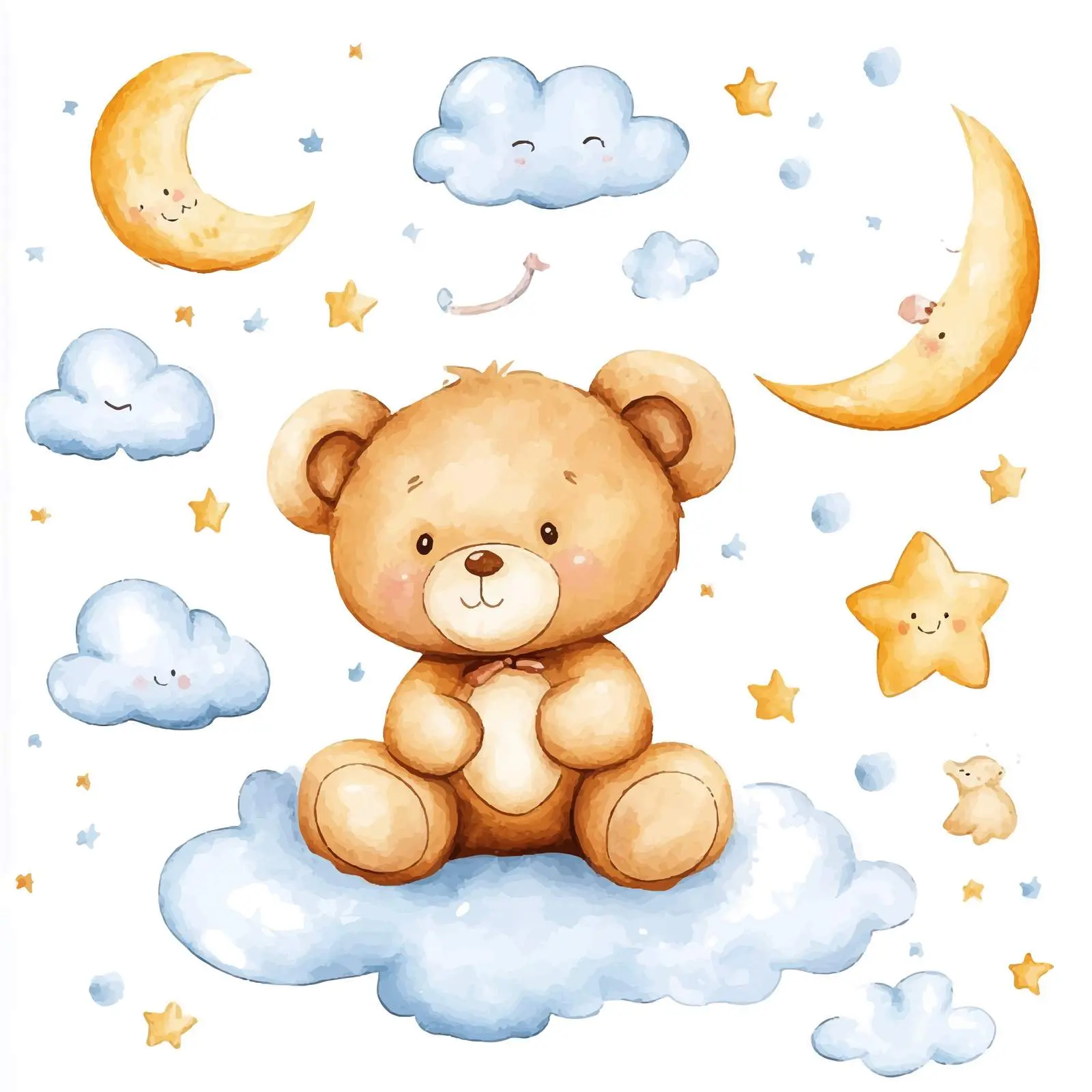 Cute Watercolor Teddy Bears with Clouds and Stars — free download from Dotvec