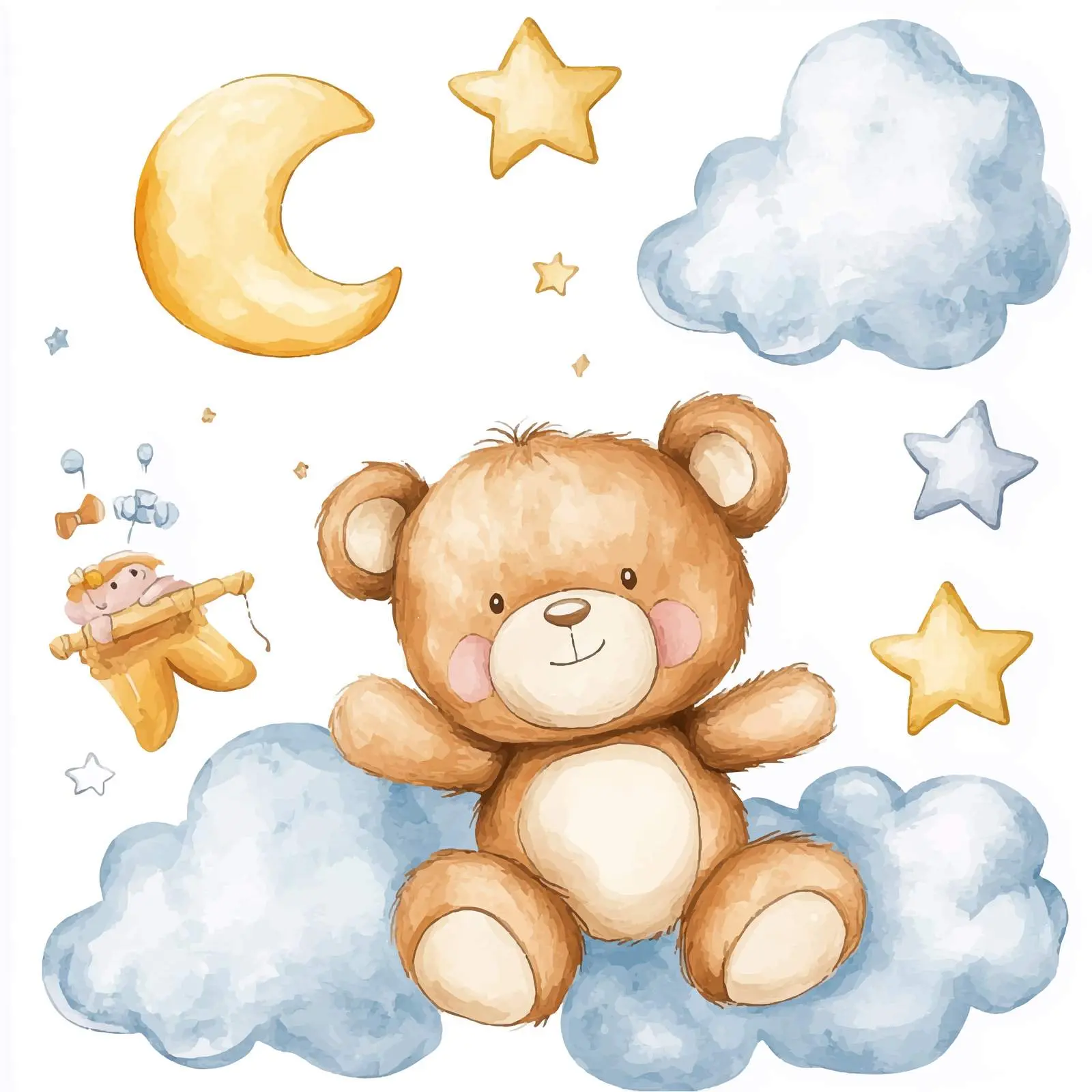 Cute Watercolor Teddy Bears with Clouds and Stars – free adorable character image from Dotvec