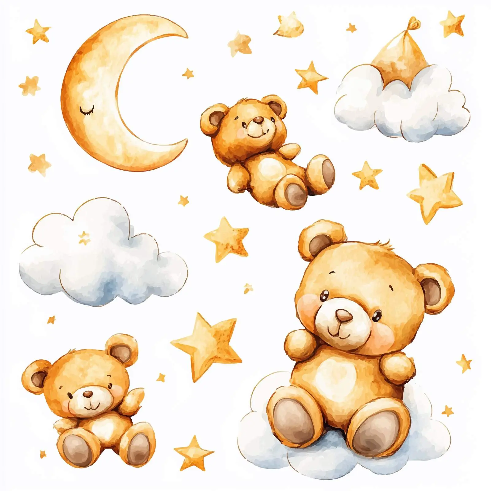 Cute Teddy Bears with Clouds and Stars Watercolor Vectors — free download from Dotvec