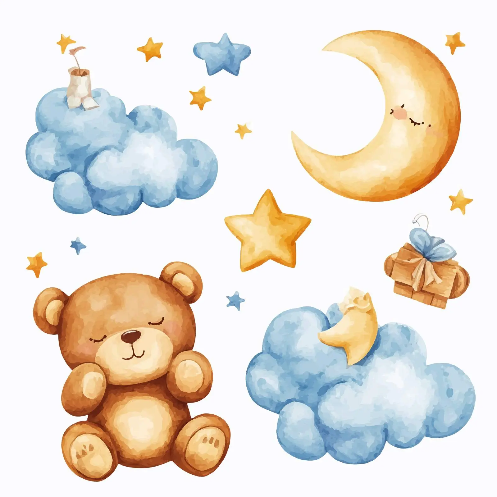 Cute Teddy Bears with Clouds and Stars Watercolor — free download from Dotvec