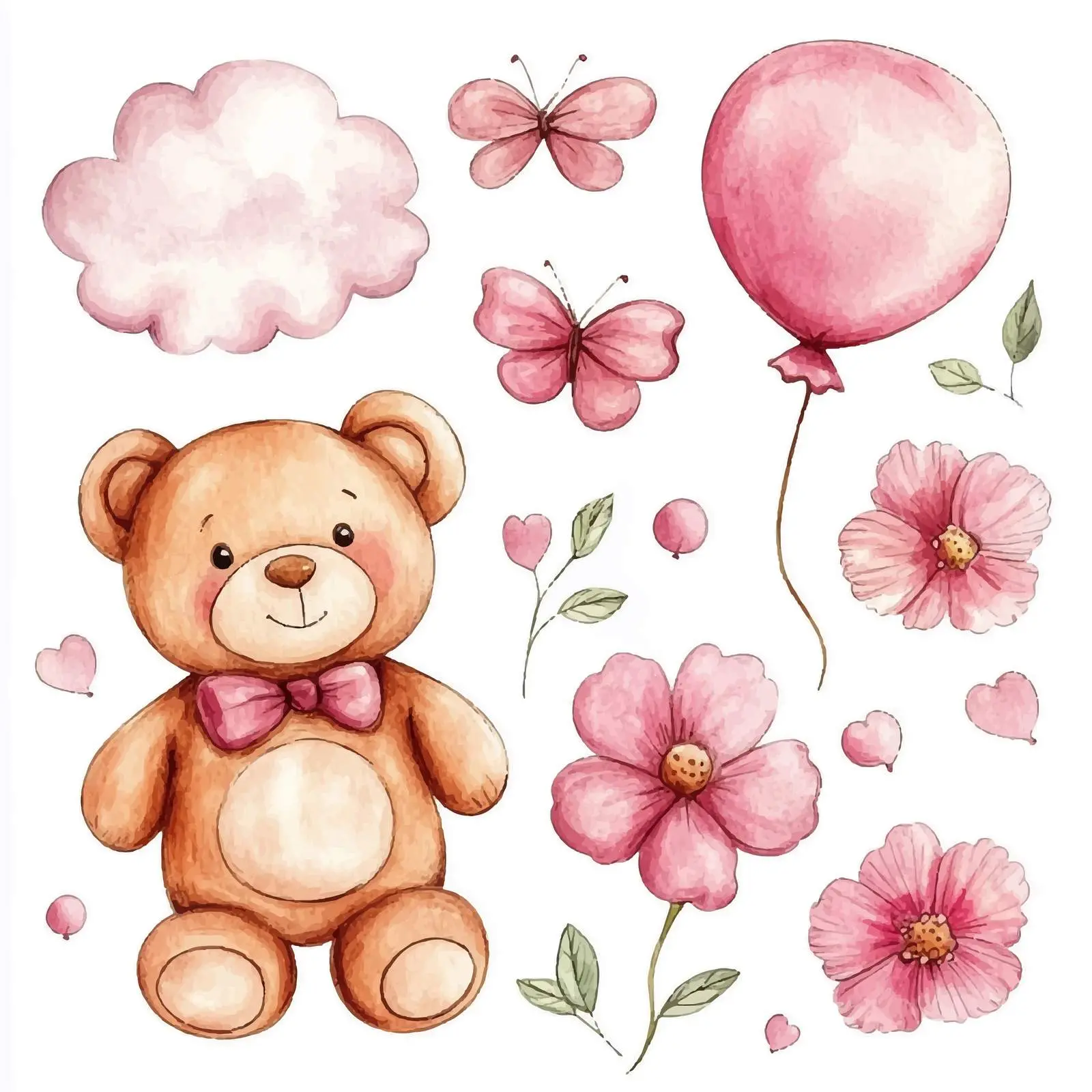 Adorable Teddy Bears with Balloons and Flowers – free cartoon bear image from Dotvec