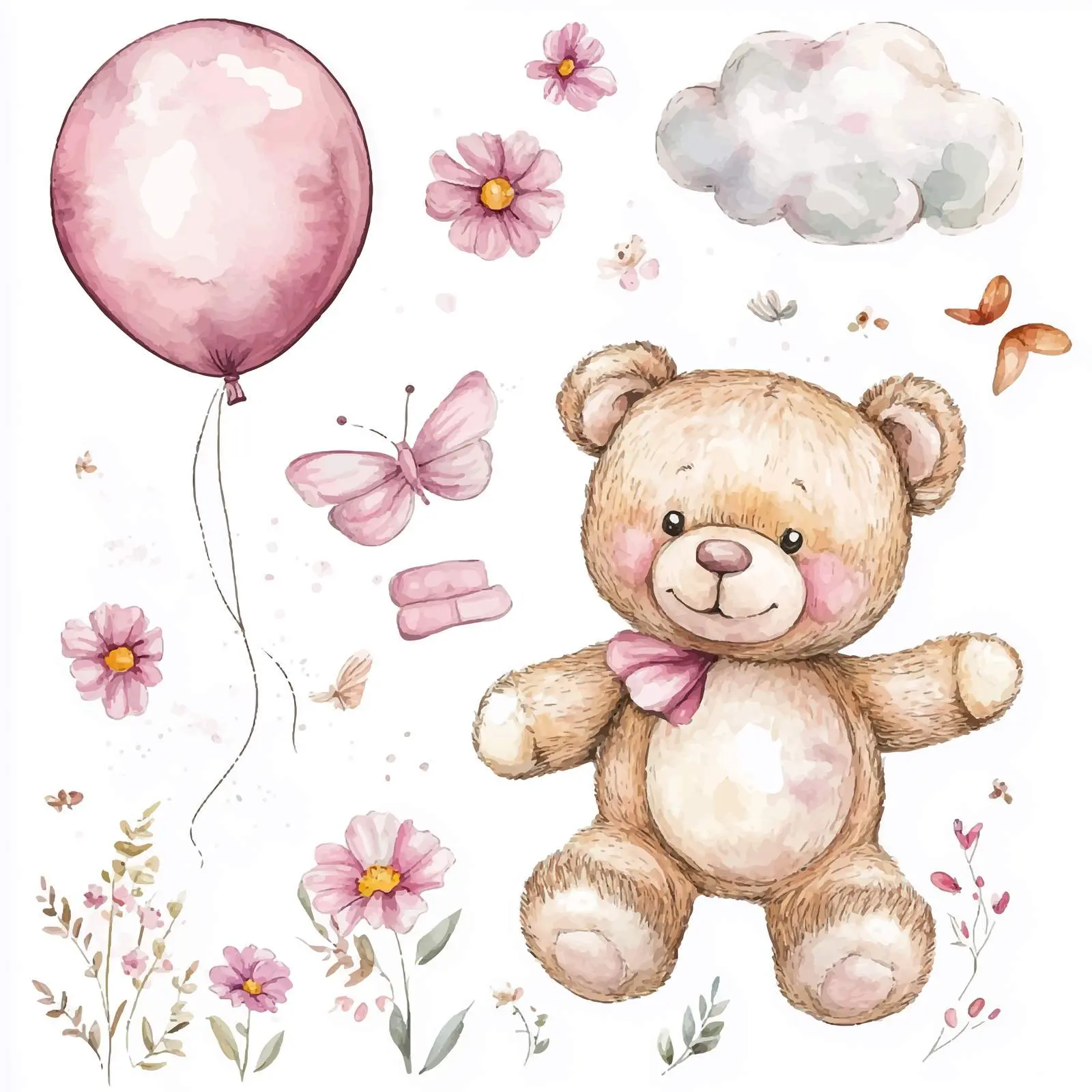 Cute Teddy Bears with Balloons and Flowers — free download from Dotvec