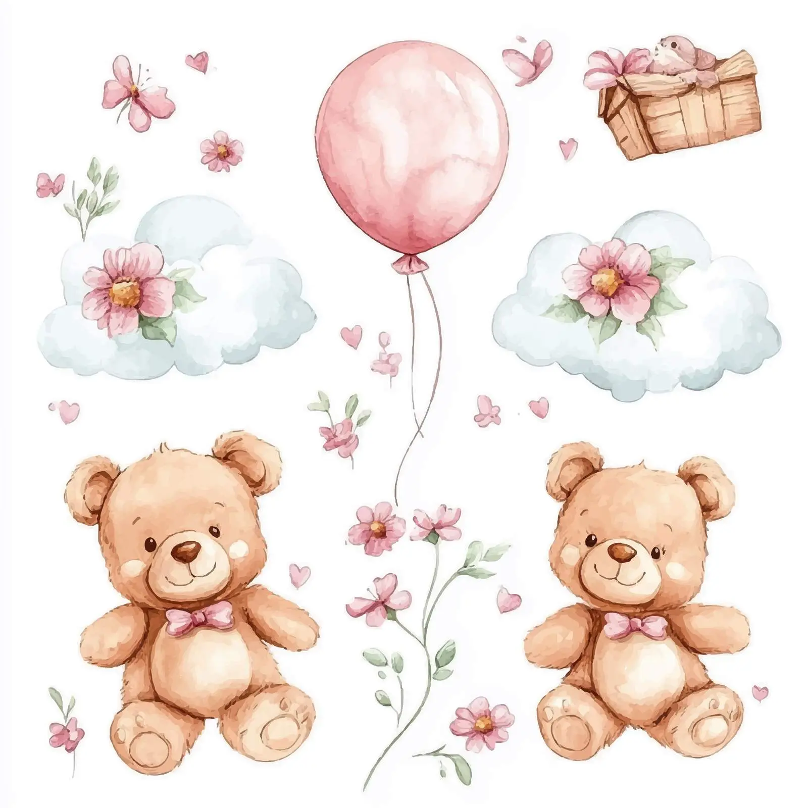 Watercolor Cute Teddy Bears with Balloons and Flowers – free fun decor image from Dotvec
