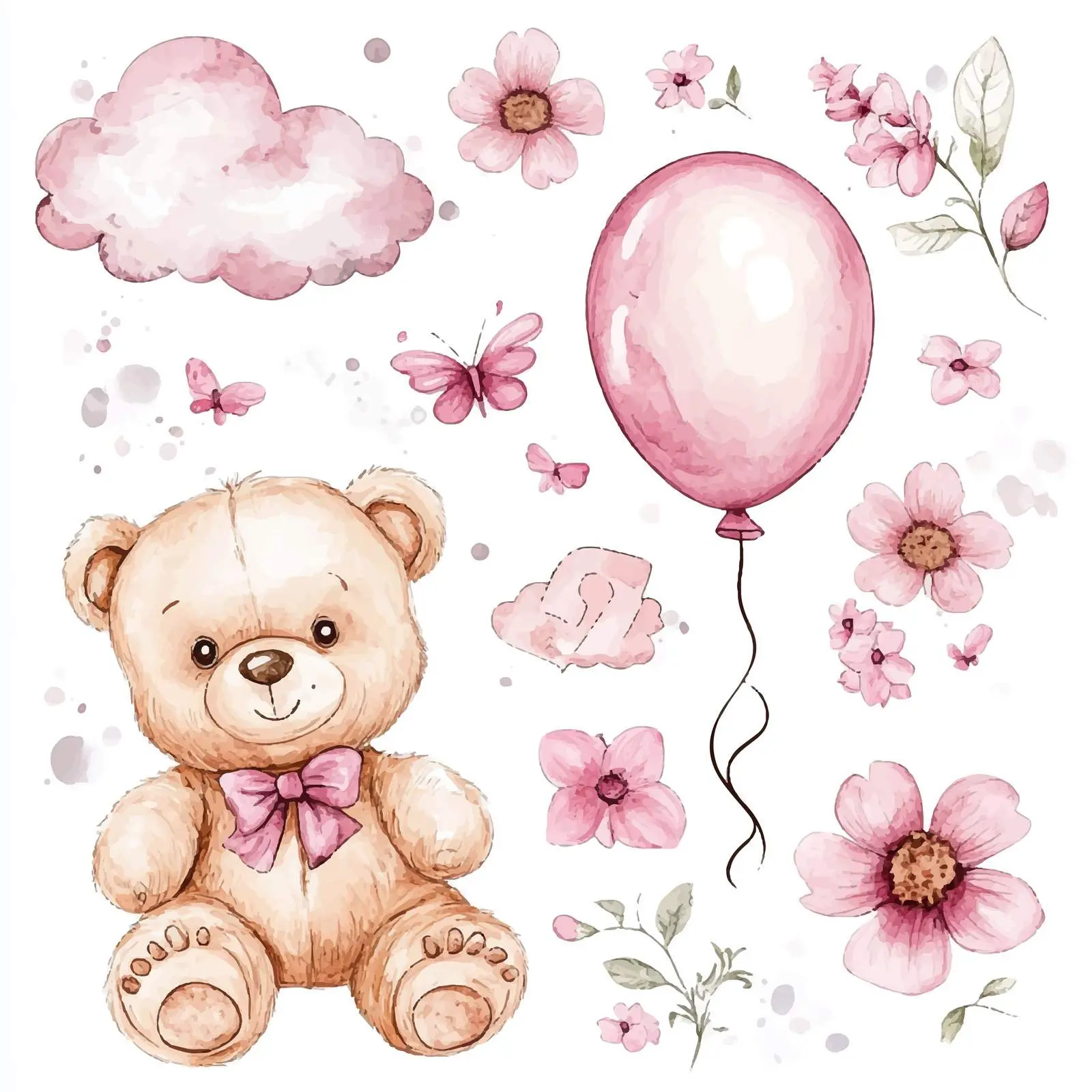 Watercolor Cute Teddy Bears with Balloons and Flowers — free download from Dotvec