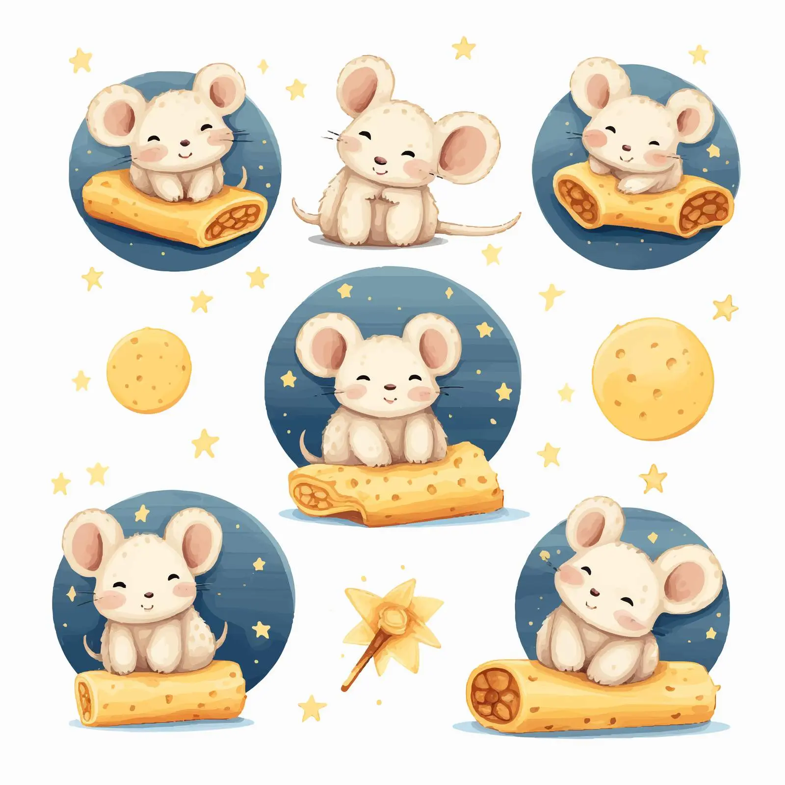 Cute Tiny Mice on Cheese Moon Clip Art – free vector set image from Dotvec
