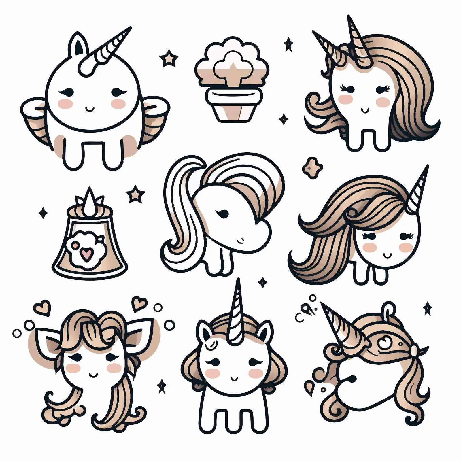 Cute Unicorn Cartoon Vector Outline Icons Set — free download from Dotvec