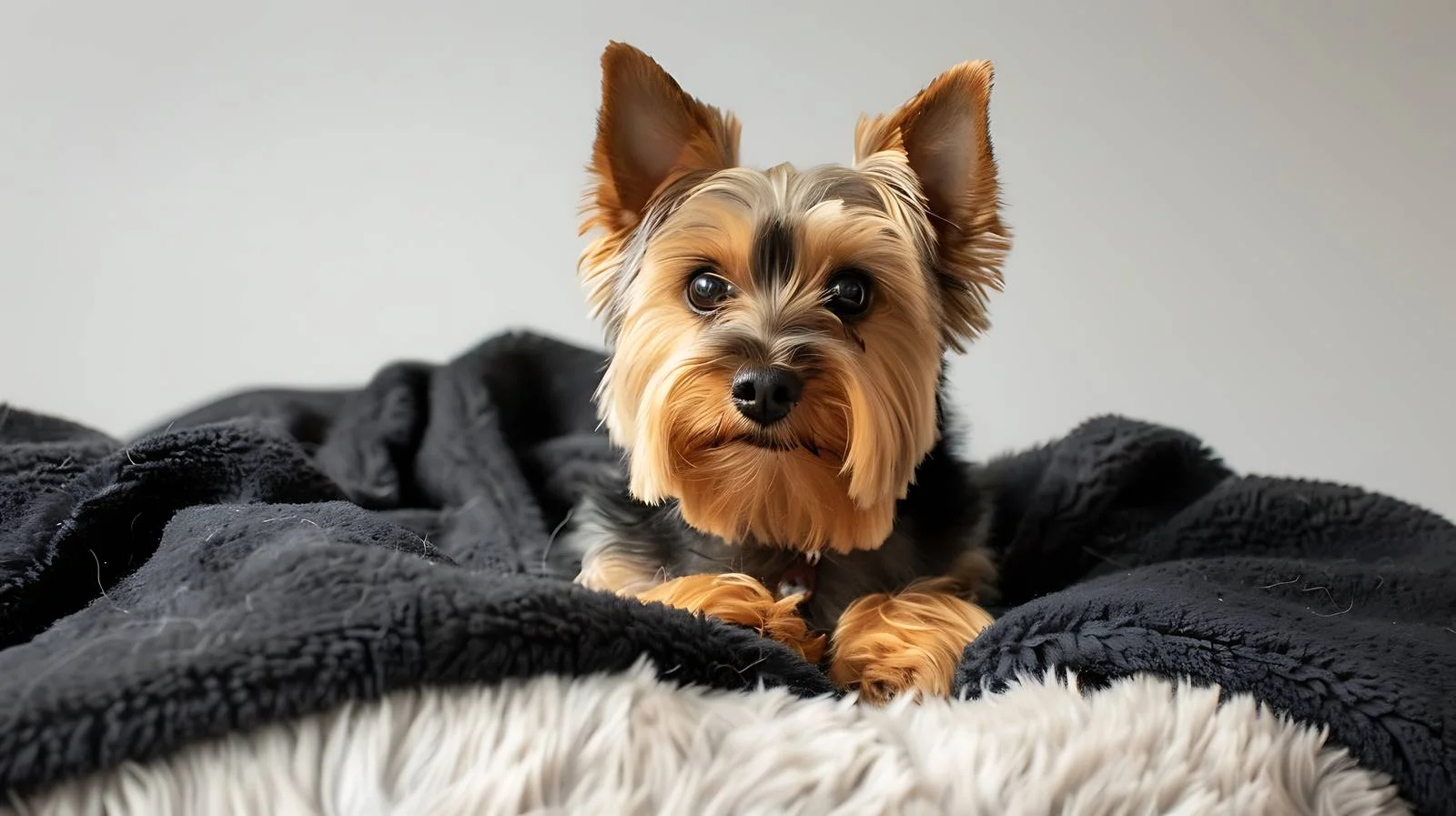 Adorable Yorkshire Terrier Resting on Black Cover — free download from Dotvec