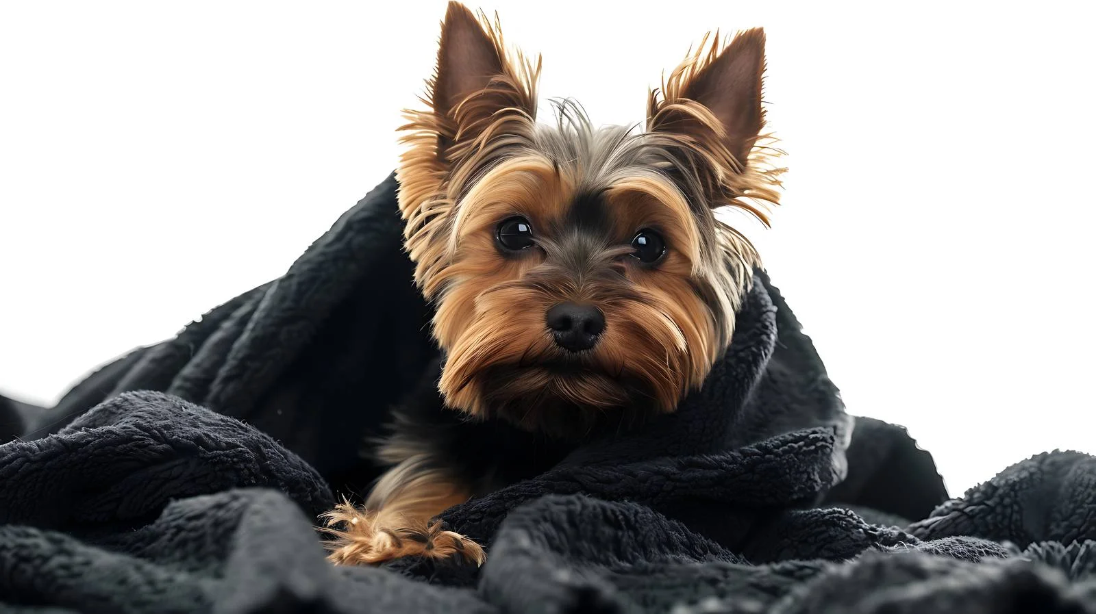 Adorable Yorkshire Terrier Resting on Black Blanket — free download from Dotvec