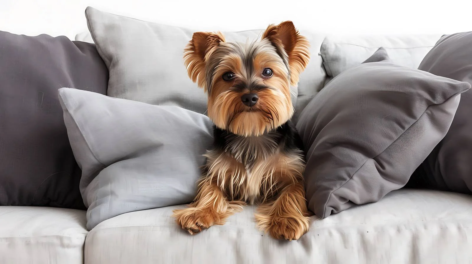 Adorable Yorkie Rests on Sofa with Cushions — free download from Dotvec