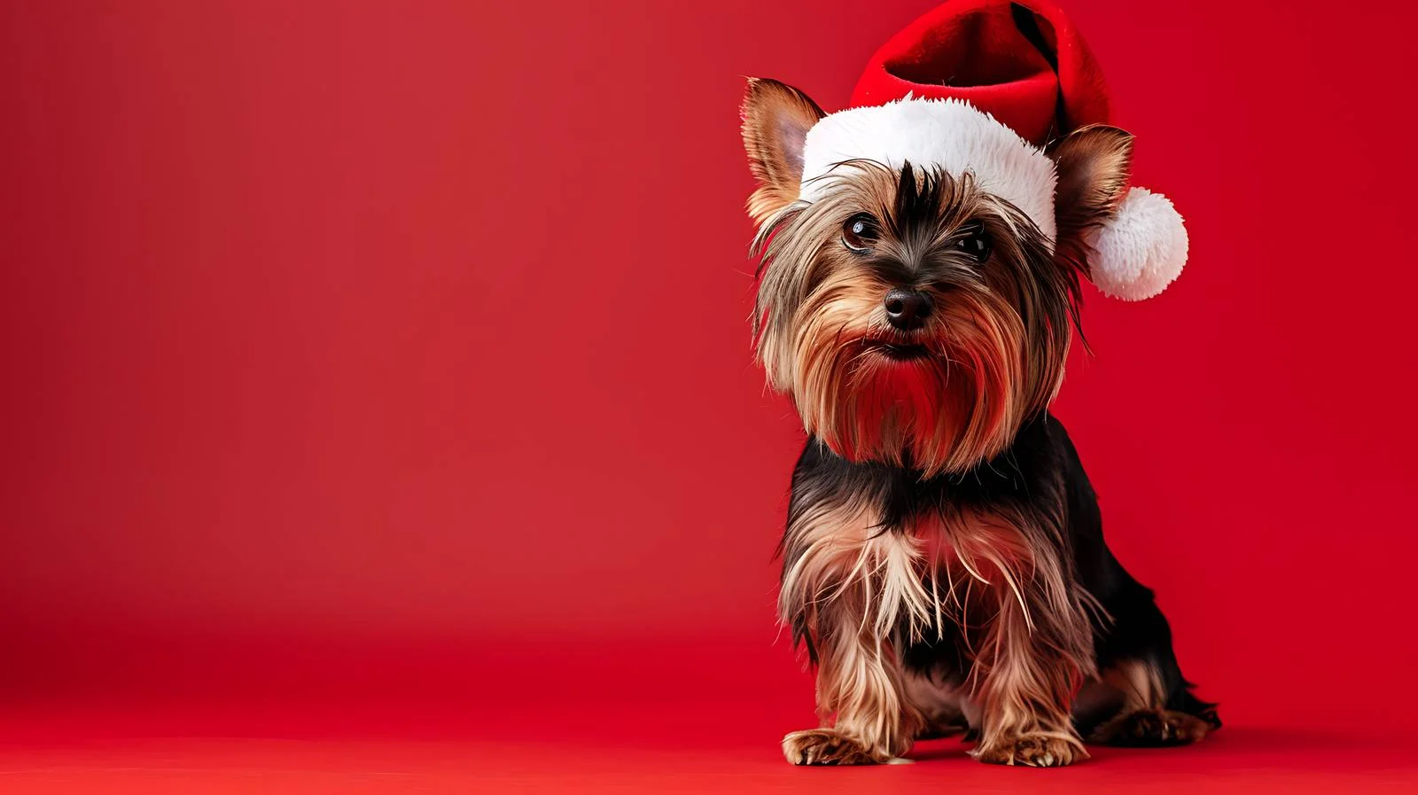 Adorable Yorkshire Terrier in Santa Hat on Red — free download from Dotvec