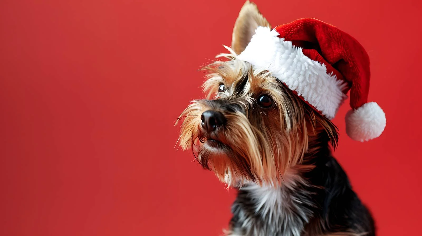 Adorable Yorkshire Terrier Wearing Santa Hat on Red — free download from Dotvec