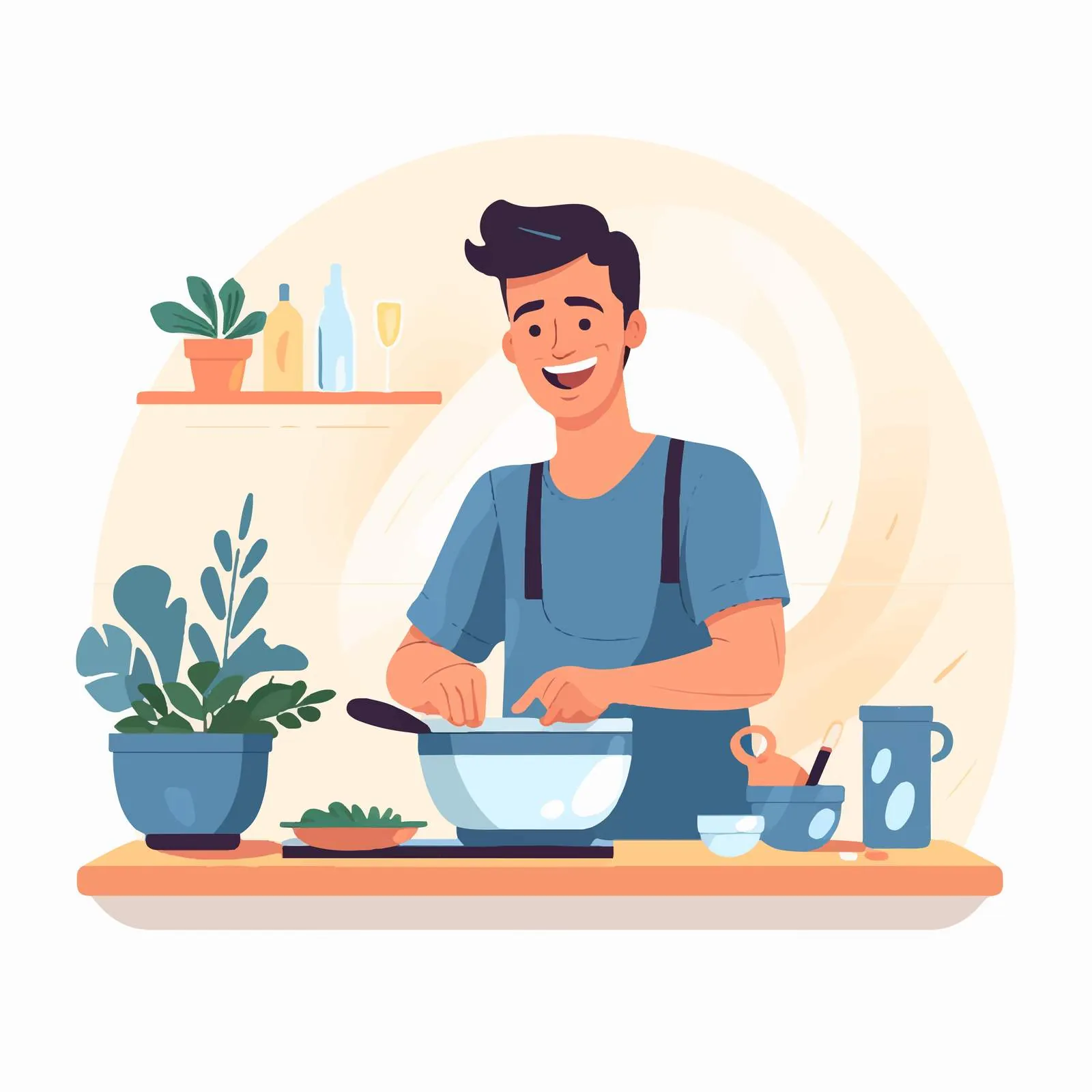Young Man Cooking in Kitchen Smiling Cheerfully — free download from Dotvec