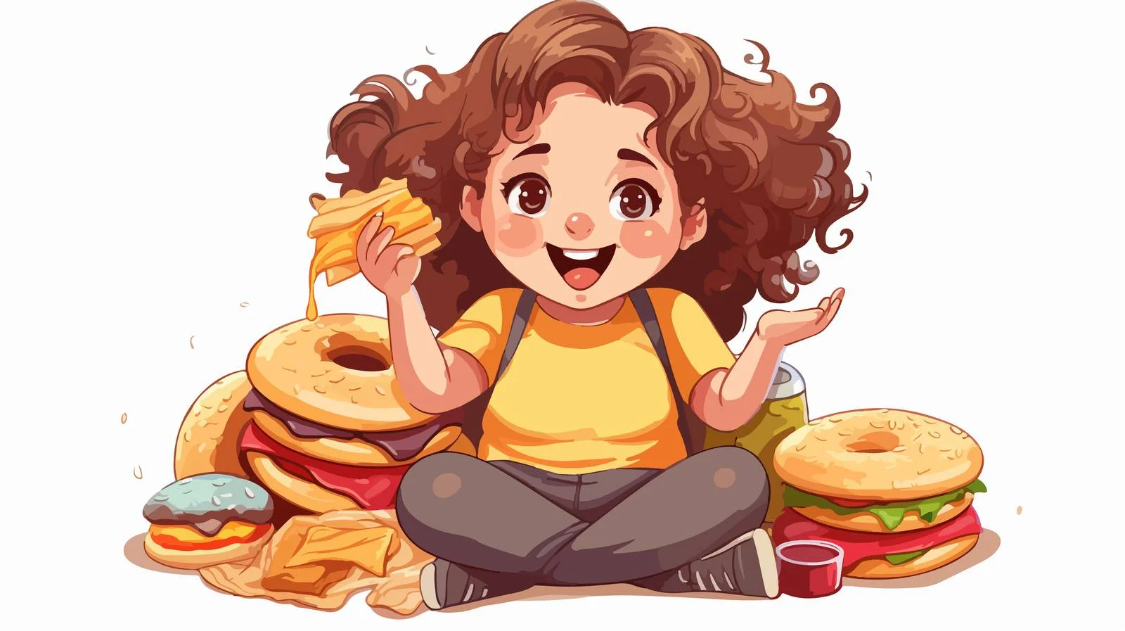 Charming Girl Enjoying Junk Food Cartoon — free download from Dotvec