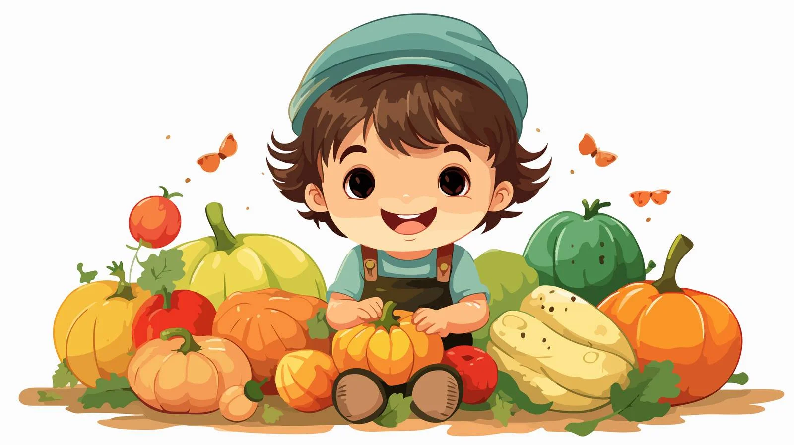 Joyful Kid Gathering Cartoon Fruits — free download from Dotvec