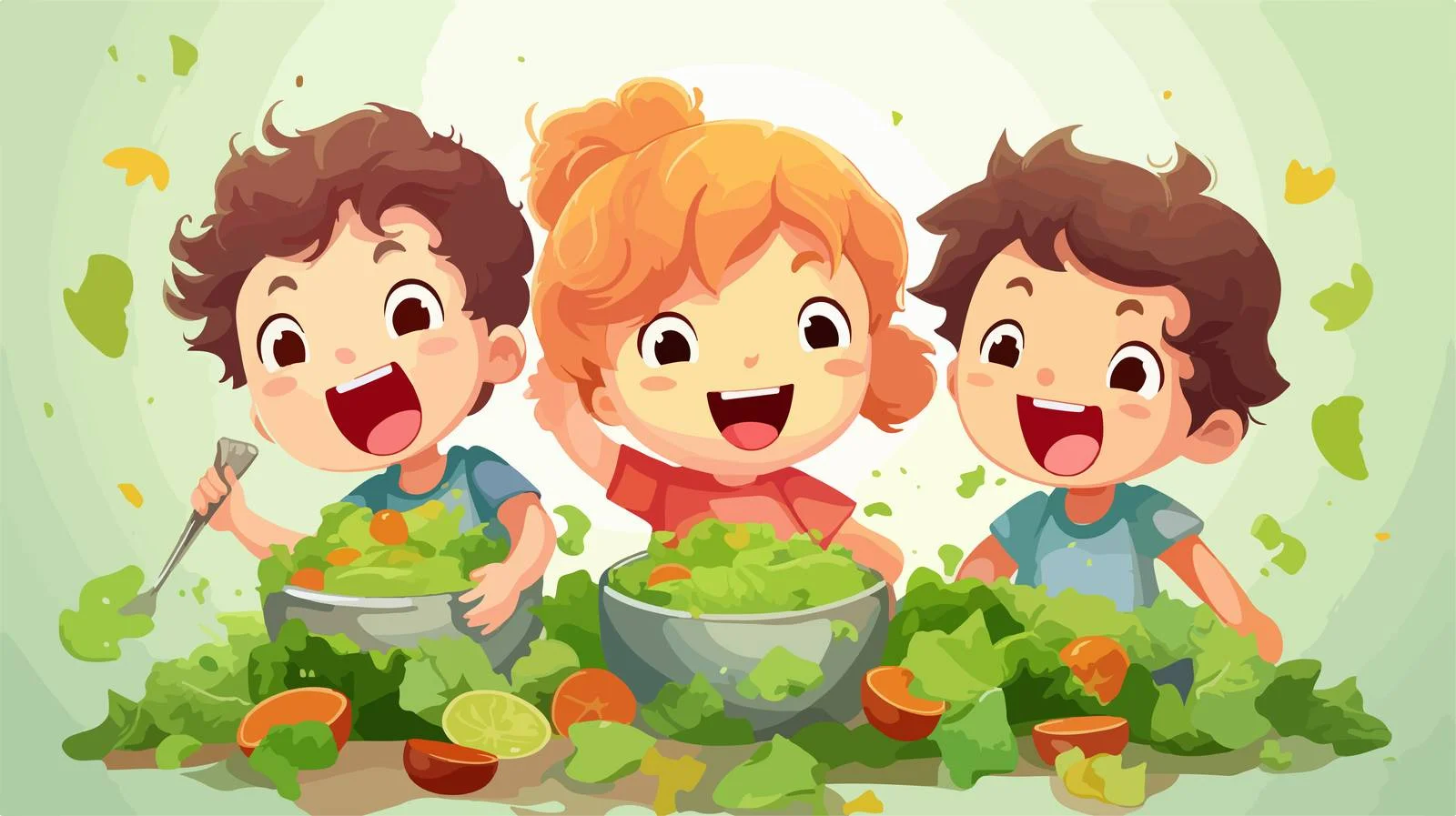 Joyful Kids Eating Healthy Cartoon Salad — free download from Dotvec