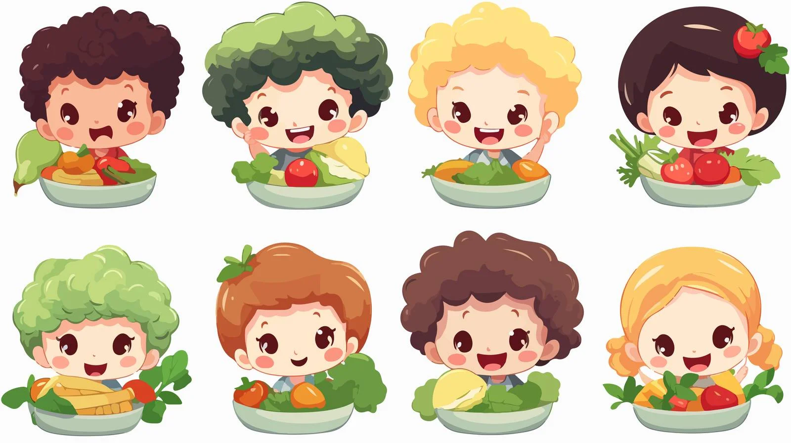 Cheerful Kids Eating Healthy Cartoon Salad — free download from Dotvec