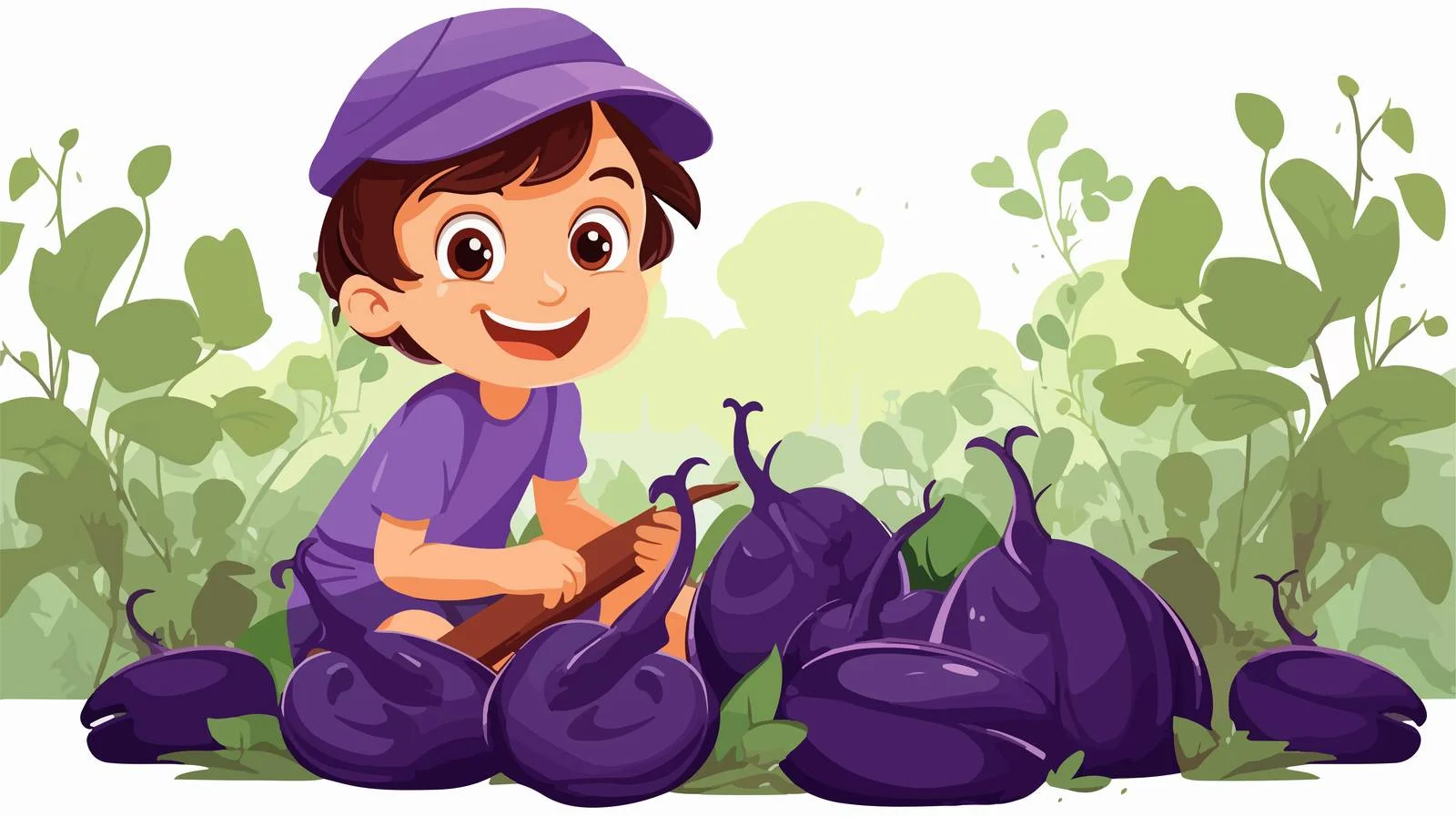 Boy Harvesting Eggplant in Garden Illustration — free download from Dotvec
