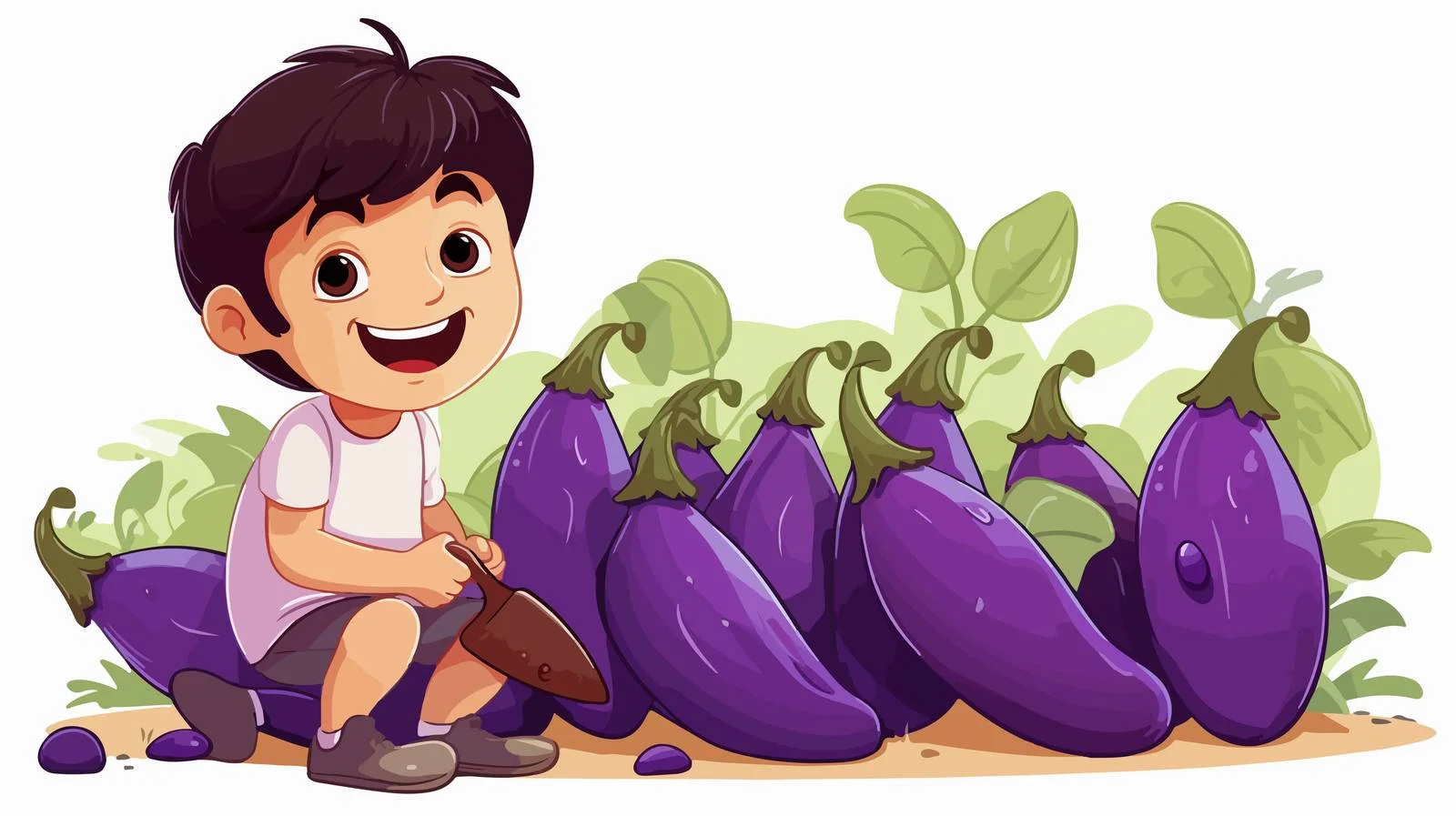 Young Boy Harvesting Eggplant in Garden — free download from Dotvec