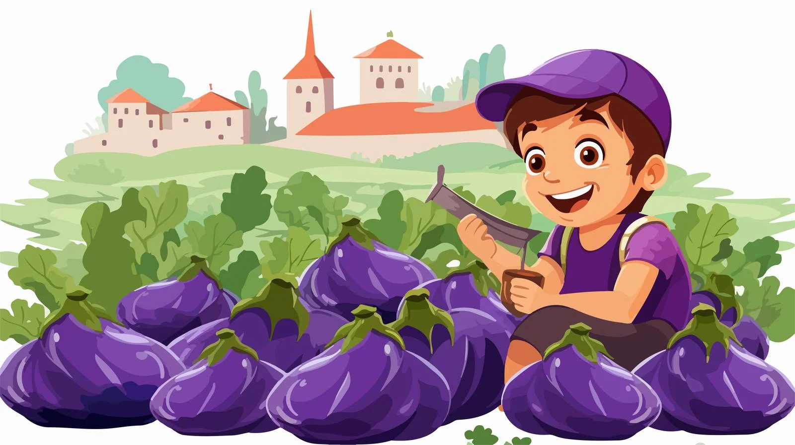 Child Harvesting Eggplant in Garden — free download from Dotvec