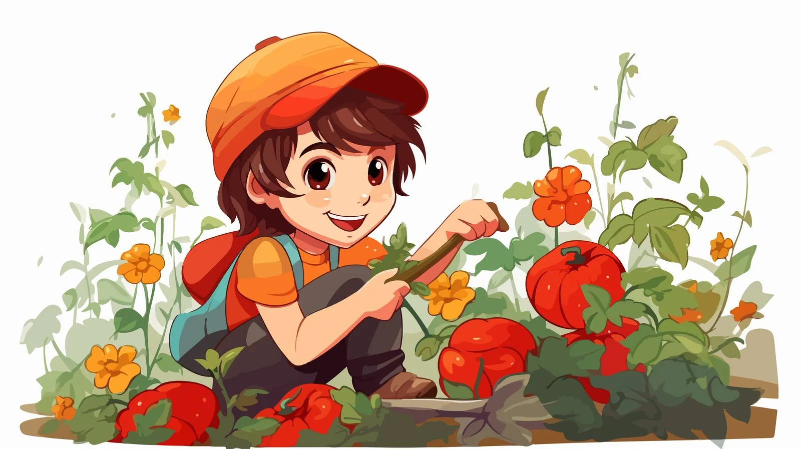 Boy Harvesting Paprika in Cartoon Garden — free download from Dotvec