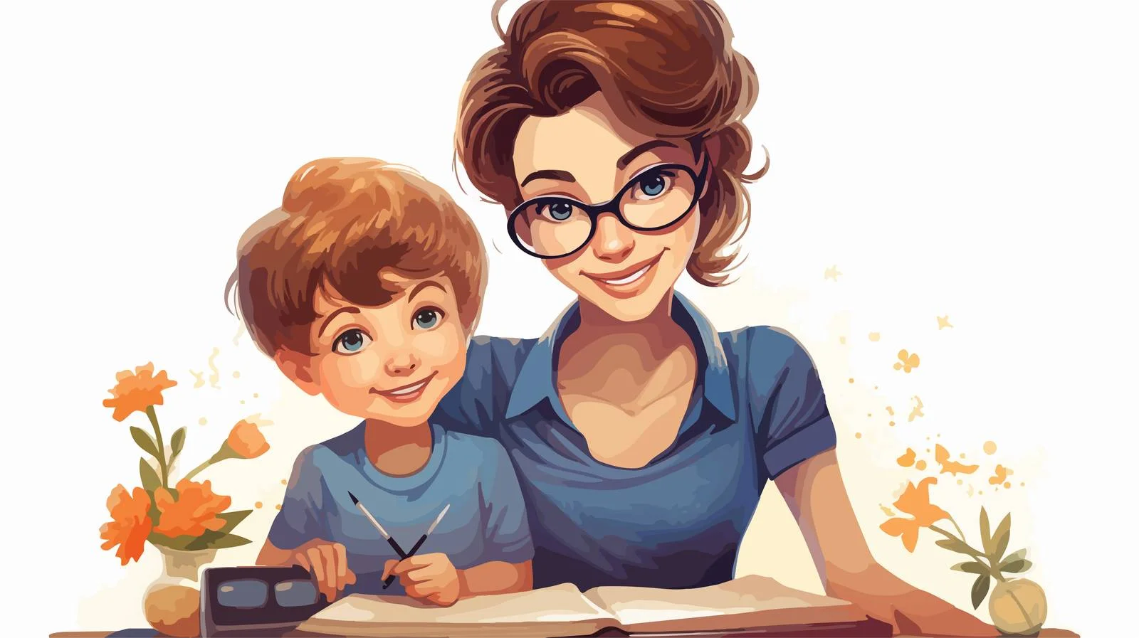 Mother and Son Math Study Cartoon — free download from Dotvec