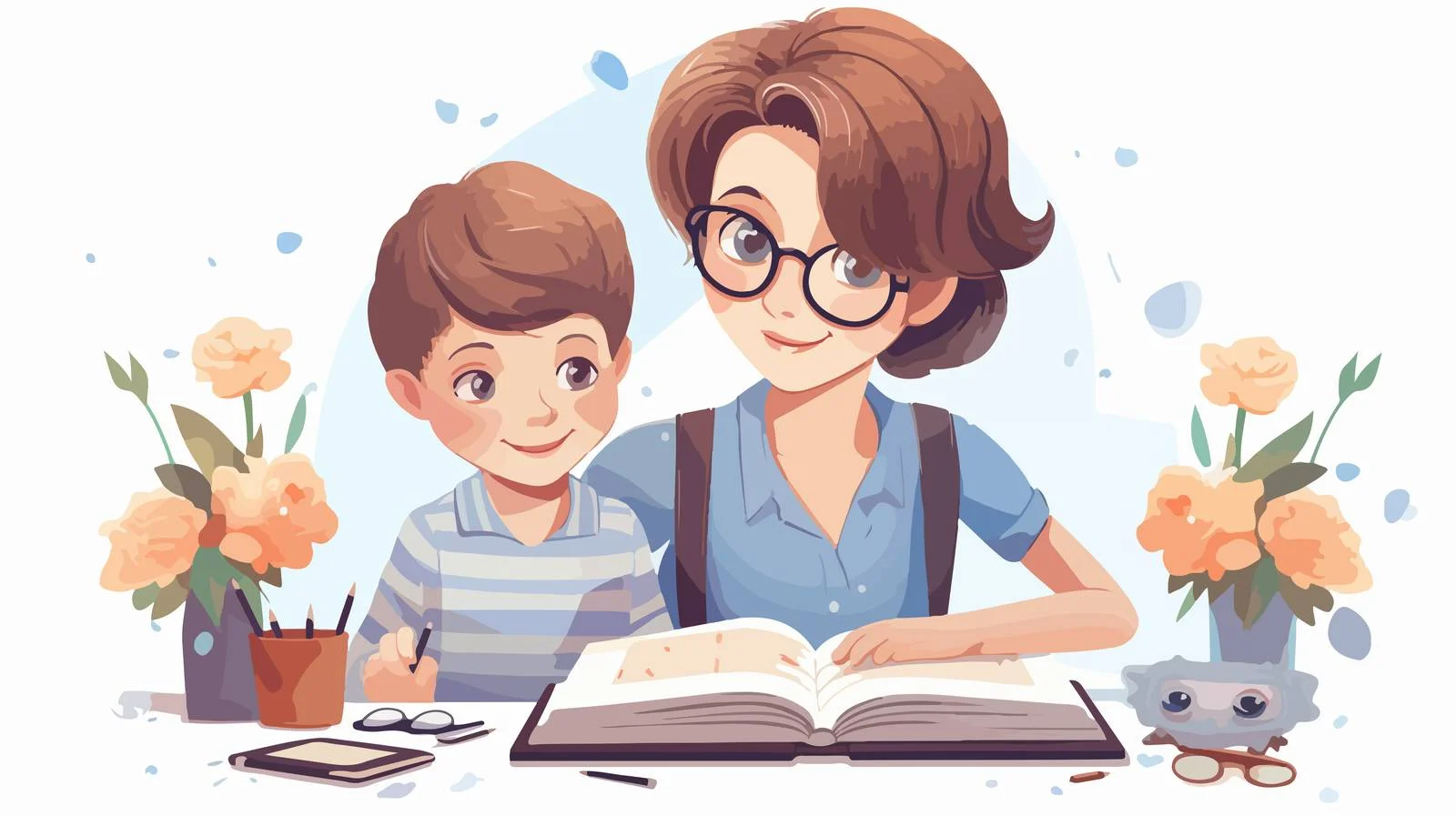 Mother and Son Learning Cartoon Vector — free download from Dotvec