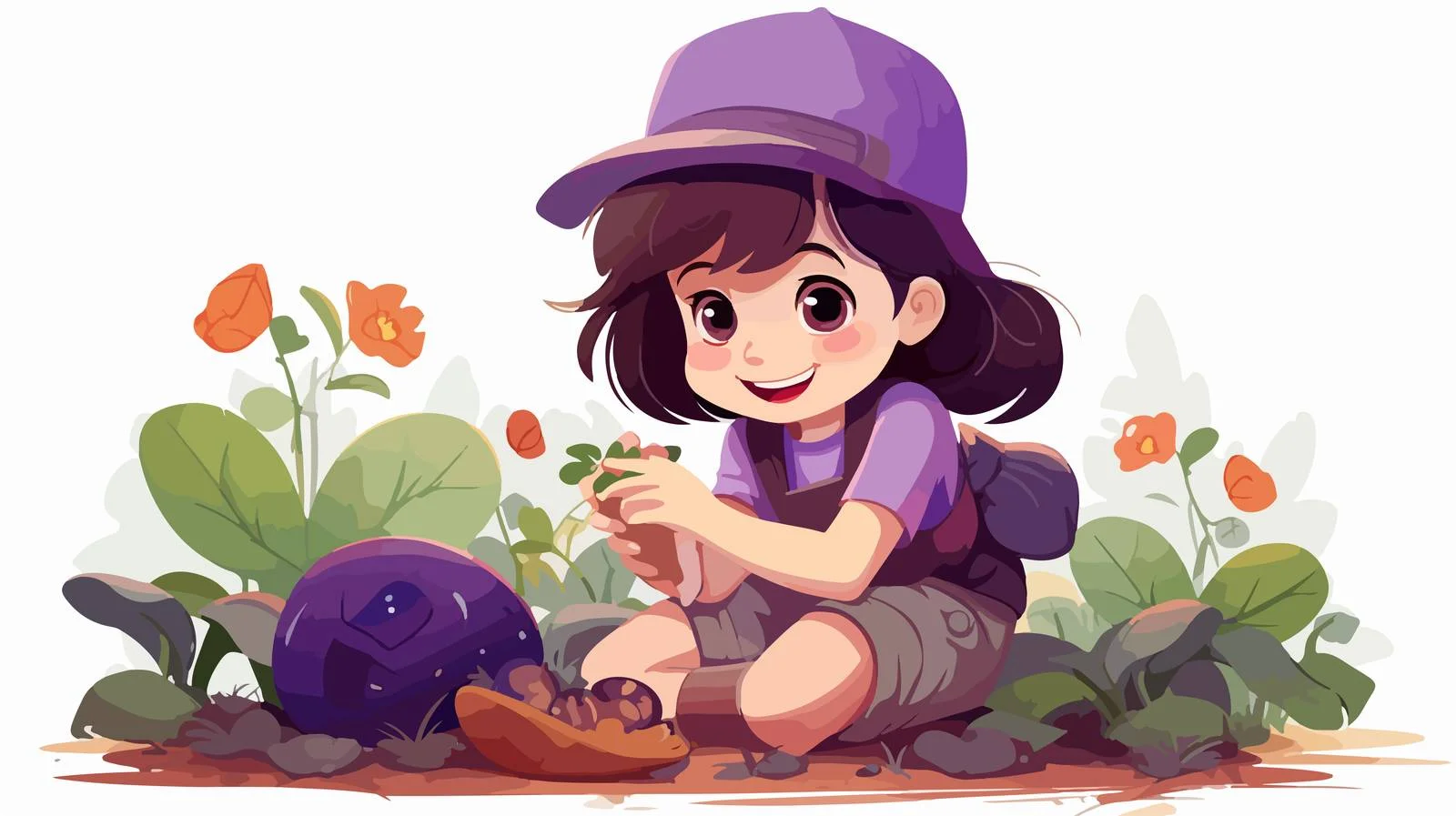 Young Girl Harvesting Eggplants — free download from Dotvec