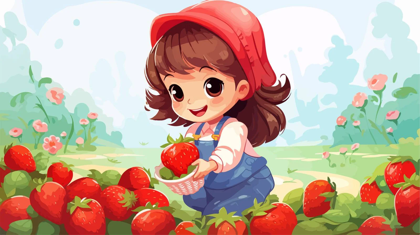 Adorable Girl Picking Strawberries in Garden — free download from Dotvec