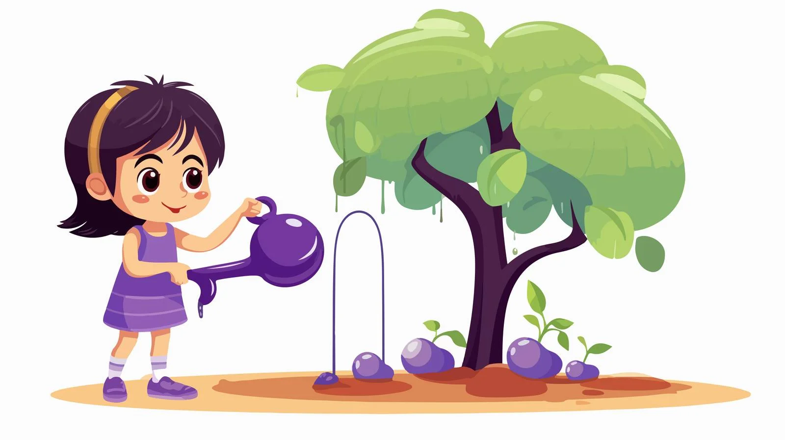 Young Girl Watering Eggplant Tree — free download from Dotvec