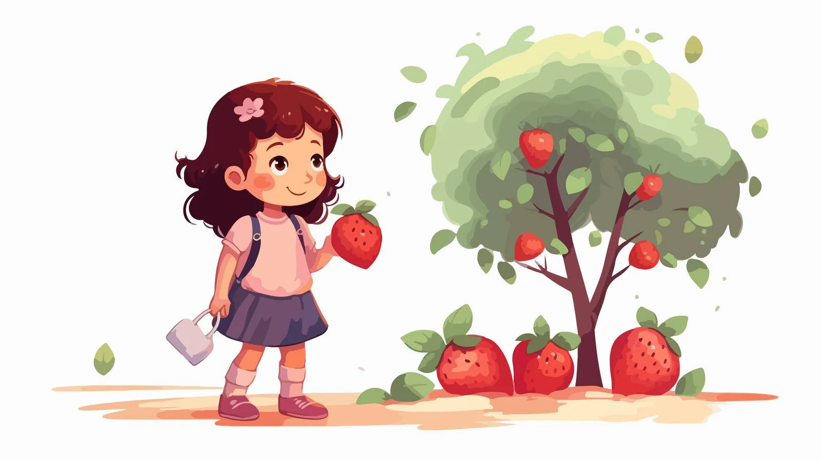 Adorable girl watering strawberry tree — free download from Dotvec